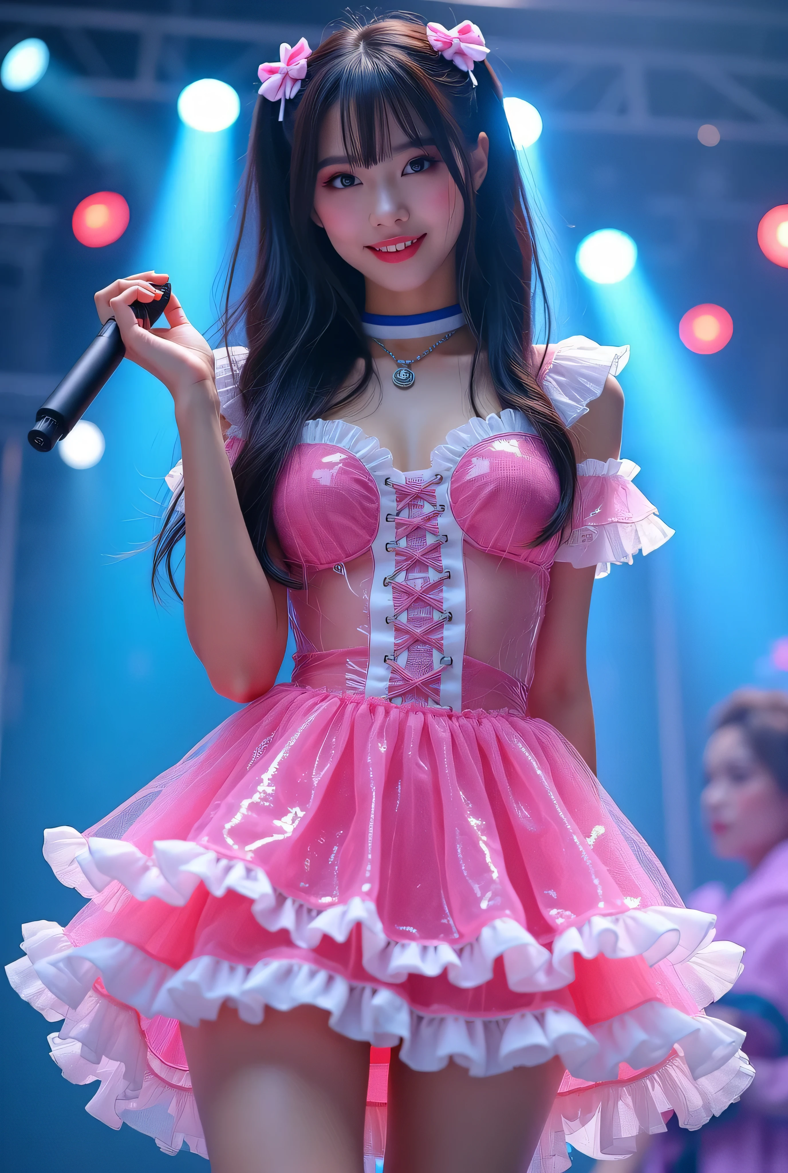 Create a highly detailed, realistic image of a young woman with long, dark hair styled with two small pink bows on either side. She is wearing a vibrant and transparent shinning glossy pink short dress that has a layered, frilly design with white ruffled edges on the sleeves and neckline. The dress has intricate lace-up details on the front, with white ribbons crisscrossing over the bodice. A large, white bow is tied around her waist, and the skirt is layered with multiple ruffles, alternating between white and pink frills. The upper part of the dress has a mix of white and blue accents, especially around the shoulders, giving it a lively, idol-like appearance. The girl’s expression is cheerful and playful, with a radiant smile, captured both in performance and posing with a slightly pensive look. Ensure that her outfit appears shiny and glossy, reflecting stage lights, and incorporate a vivid, performance-like atmosphere in the background. Some Lights shooting around, she hold microphone,  head thighs portrait,
