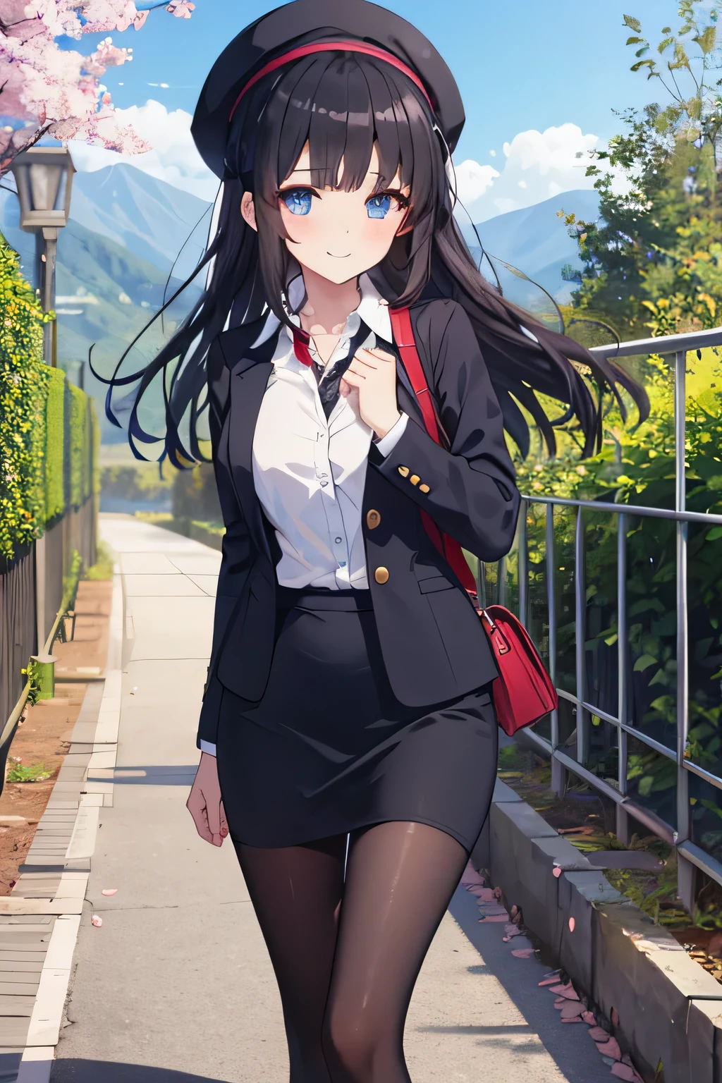 Beautiful girl with long dark blue hair, blue eyes, walking on a narrow path full of mountains wearing black suit jacket, jacket with collar, white dress shirt , collared shirt, neckline, button, correa, Identification card on the neck, black pencil skirt, black tights, smile, blush, looking at the spectator, white beret, sword, comienza a blandir la sword y practicar, strong breeze , sakura leaves.