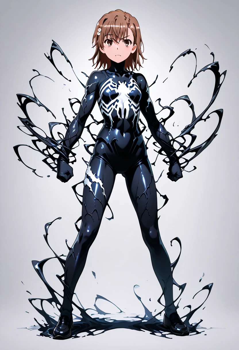 red head short side parted tucked to the side asymmetrical smooth straight bob hair green eye cute gorgeous looking woman wearing black&white viscous liquid symbiote suit, no wrinkles, bodysuit, spider-girl, skin tight