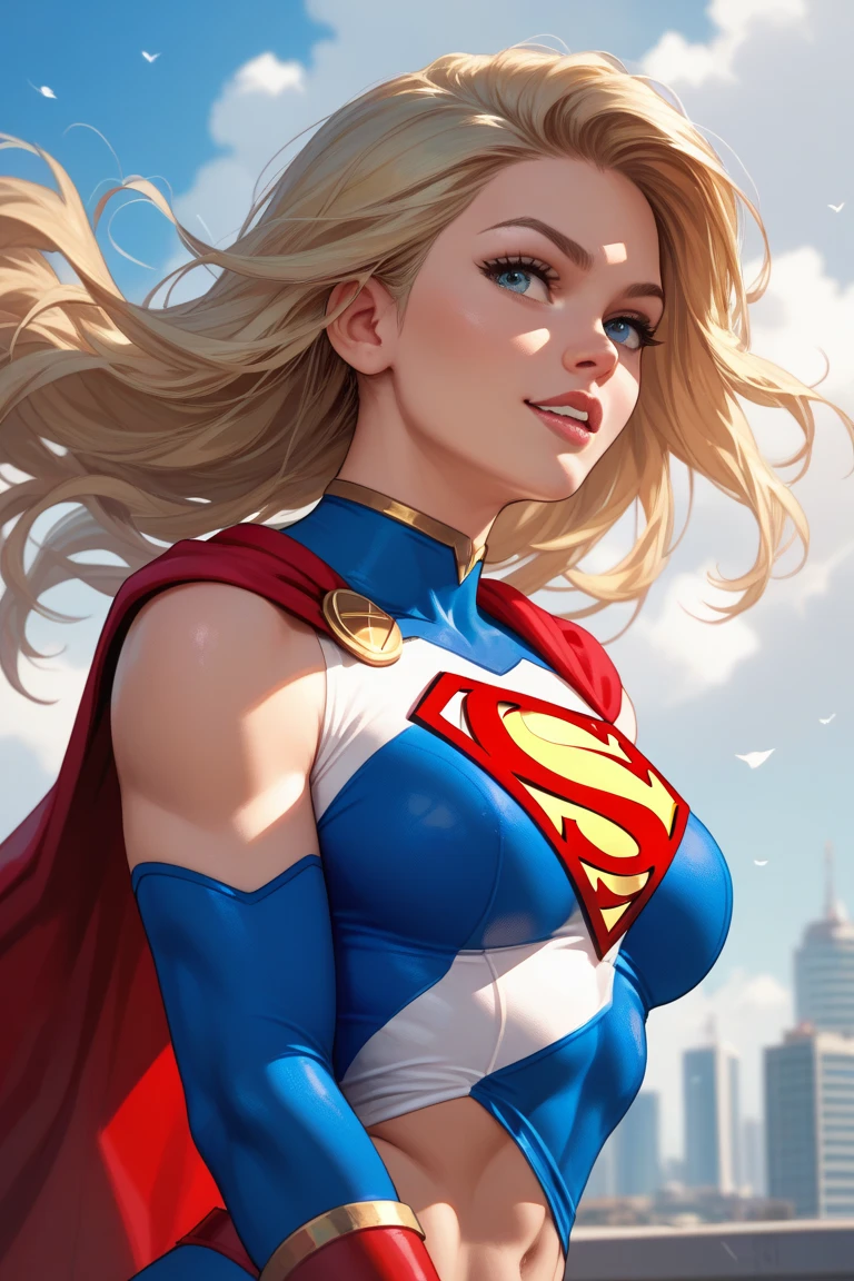 (cowboy shot), SFW, (masterpiece), (best quality: 1.0), (ultra highres: 1.0), detailed eyes,
BREAK
Supergirl, 1girl, long blonde hair, in the air, flying
hair band, \(white\) crop top, short sleeves, cape, blue pencil skirt, gloves, boots
BREAK
(Famous, interview, among audiences)