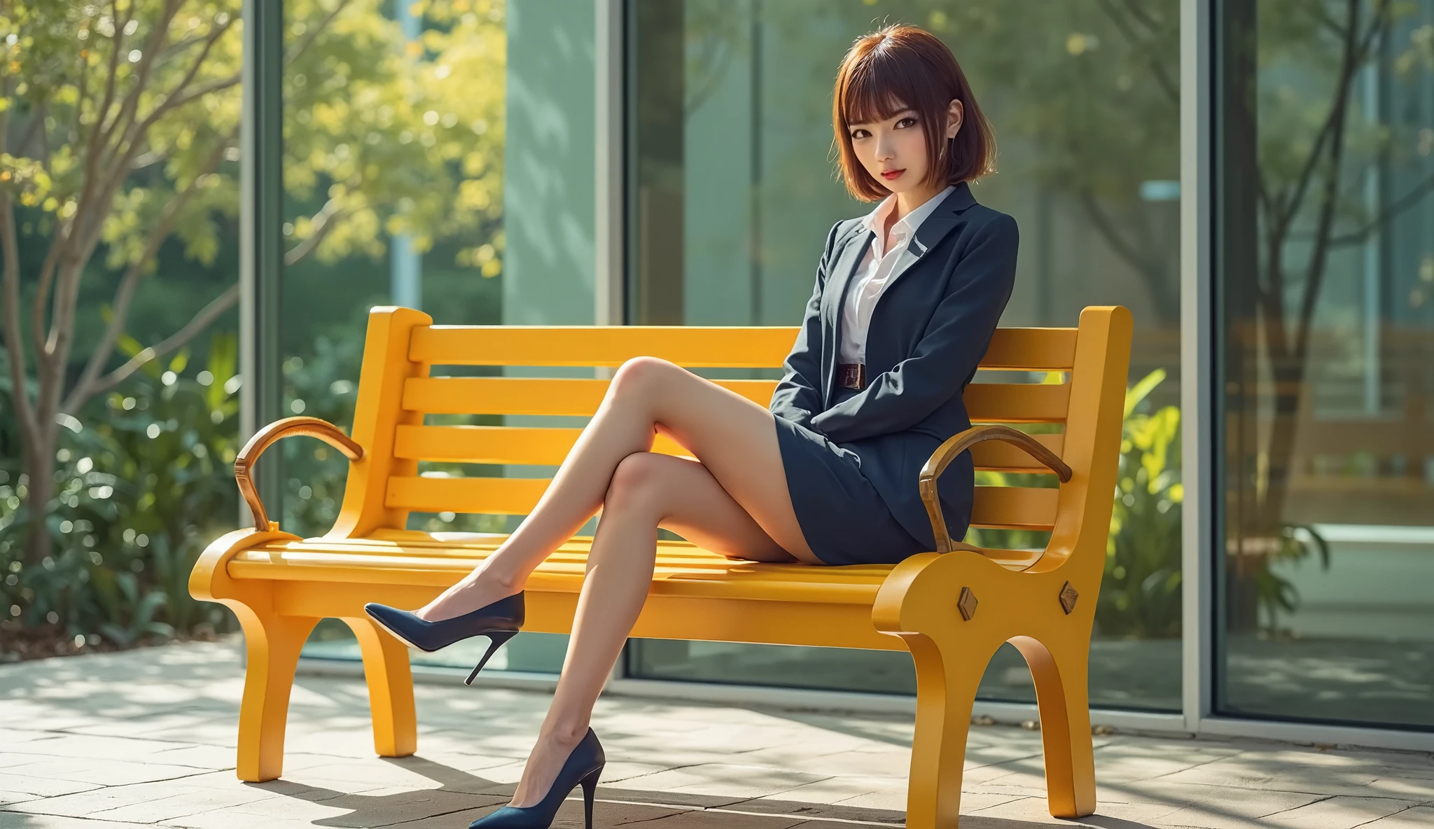 There is a woman sitting on a bench in a suit - SeaArt AI