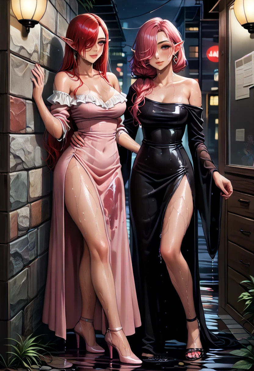 ((Award-winning photorealistic digital masterpiece of hyperrealism)), ((insanely highly detailed, complex, intricate, perfect rendering.)) solo, Full body of an Extremely beautiful (((60 years old mature woman))). She's an evil empress. (((colored skin, dark skin, dark skinned, shining pink intricate hair, red lipstick, black eyeshadow))) She's lovestruck. She's wicked. She's loving. She's selfish. She's manipulative. She's a wise natural femme fatale, always oozing an unconscious seductive atmosphere. She's tantalizingly sensual without effort at all, due to her elegant poise and Very classic very Feminine behavior. Her facial expression is of love. Her facial expression is of loving. Her facial expression is of being lovestruck. Her eyes are soft, clear and wanting. Her long hair is glossy and intricately done. Her full, thick lips curve up teasingly in an open breathless smile, provocative rose red lipstick painting them. Her makeup is flawless and professional. Her exotic beauty is dangerous, evocative of womanliness, evocative of femininity. She exudes a Motherly aura. She exudes a Maternal aura. Her hips are big, wide, thicc, child-bearing hips. Her ass is thicc fat and big, her huge buttocks jutting out tremendously, given their extreme projection. Her snatched waist is thin, narrow and cinched, like wasp's. Her slim belly is slender and flat, her abs are flat. Her thighs are thick, shapely, possesing both muscularity and fat. Her calves are toned and sculpted by the heels she wears. She wears complex jewelry and stylish fashionable acessories. She wears sexy lace wrap up heels that go up to midcalf. Her face is mature, loving, regal, maternal, lovestruck, motherly and perfect.