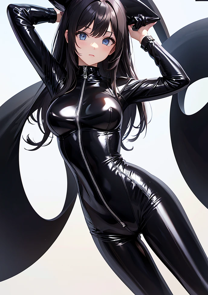 a girl with long black hair with bangs,tight-fitting leather suit,vagina and nipples visible,hyper-realistic,photorealistic,extremely detailed,insanely detailed face,glowing skin,volumetric lighting,dramatic lighting,cinematic lighting,chiaroscuro,beautiful detailed eyes,beautiful detailed lips,extremely detailed eyes and face,long eyelashes,detailed facial features,masterpiece,8k,high quality,elegant,sensual,erotic,provocative,alluring,seductive