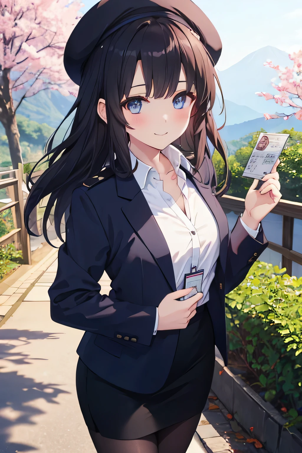 Beautiful girl with long dark blue hair, blue eyes, walking on a narrow path full of mountains wearing black suit jacket, jacket with collar, white dress shirt , collared shirt, neckline, button, correa, Identification card on the neck, black pencil skirt, black tights, smile, blush, looking at the spectator, white beret, sword, comienza a blandir la sword y practicar, strong breeze , great body, sakura leaves.