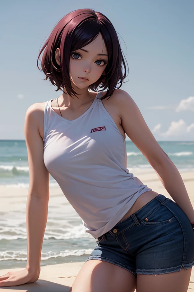 (masterpiece, best quality), photorealistic, cinematic, anime girl, (high-waisted denim shorts with a tied-up graphic t-shirt and platform sneakers:1.2), ((seaside background:1.4)), 1 girl, blue hair, ((Textured Pixie hair cut:1.5)), ((full-body shot:1.3)), head to toe visibility, perfect anatomy, curvaceous body, alluring, long round legs, large breasts, ((navel is showing:1.5)), perfect eyes, perfect hands, lips slightly parted, red lips, anime girl is seated on the sand, extremely detailed Artgem, ig model, artgem, alena aenami and artgem, krenz cushart and artgem, artgem and atey ghailan