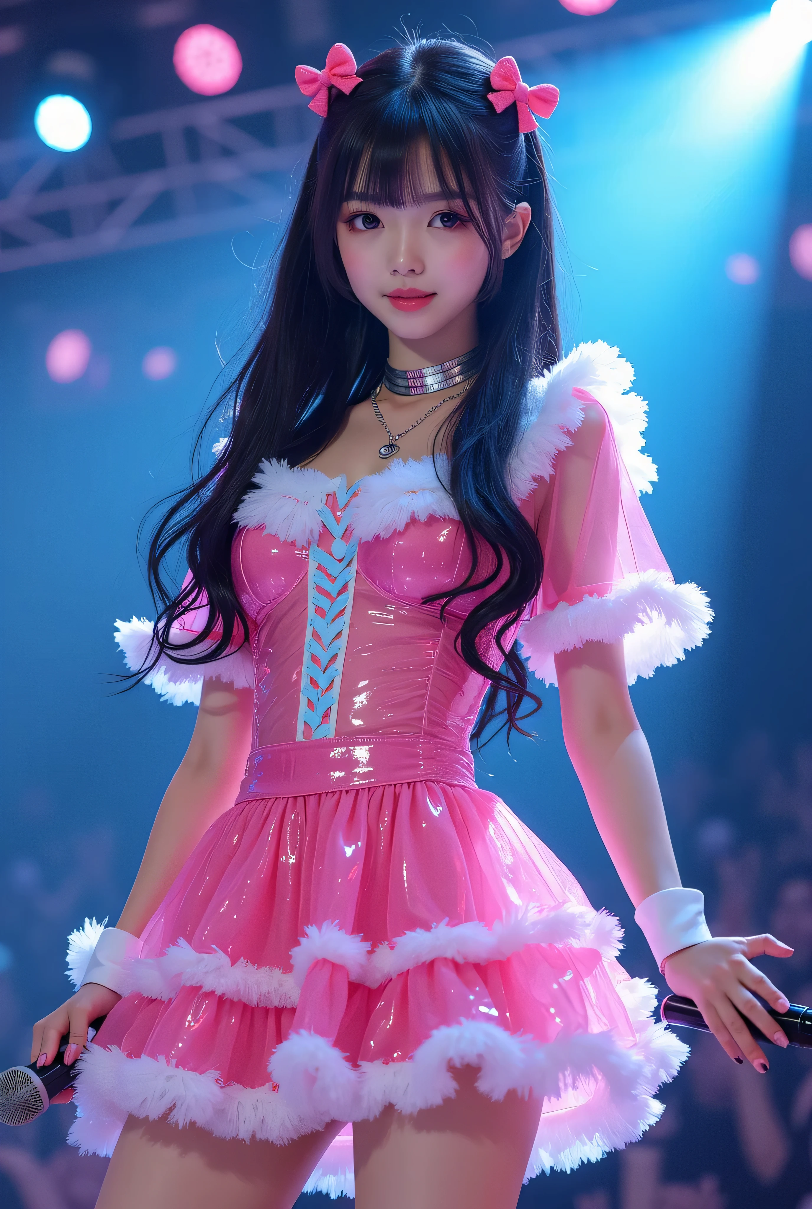 Create a highly detailed, realistic image of a young woman with long, dark hair styled with two small pink bows on either side. She is wearing a vibrant and transparent shinning glossy pink short dress that has a layered, frilly design with white ruffled edges on the sleeves and neckline. The dress has intricate lace-up details on the front, with white ribbons crisscrossing over the bodice. A large, white bow is tied around her waist, and the skirt is layered with multiple ruffles, alternating between white and pink frills. The upper part of the dress has a mix of white and blue accents, especially around the shoulders, giving it a lively, idol-like appearance. The girl’s expression is cheerful and playful, with a radiant smile, captured both in performance and posing with a slightly pensive look. Ensure that her outfit appears shiny and glossy, reflecting stage lights, and incorporate a vivid, performance-like atmosphere in the background. Some Lights shooting around, she hold microphone, head thighs portrait,