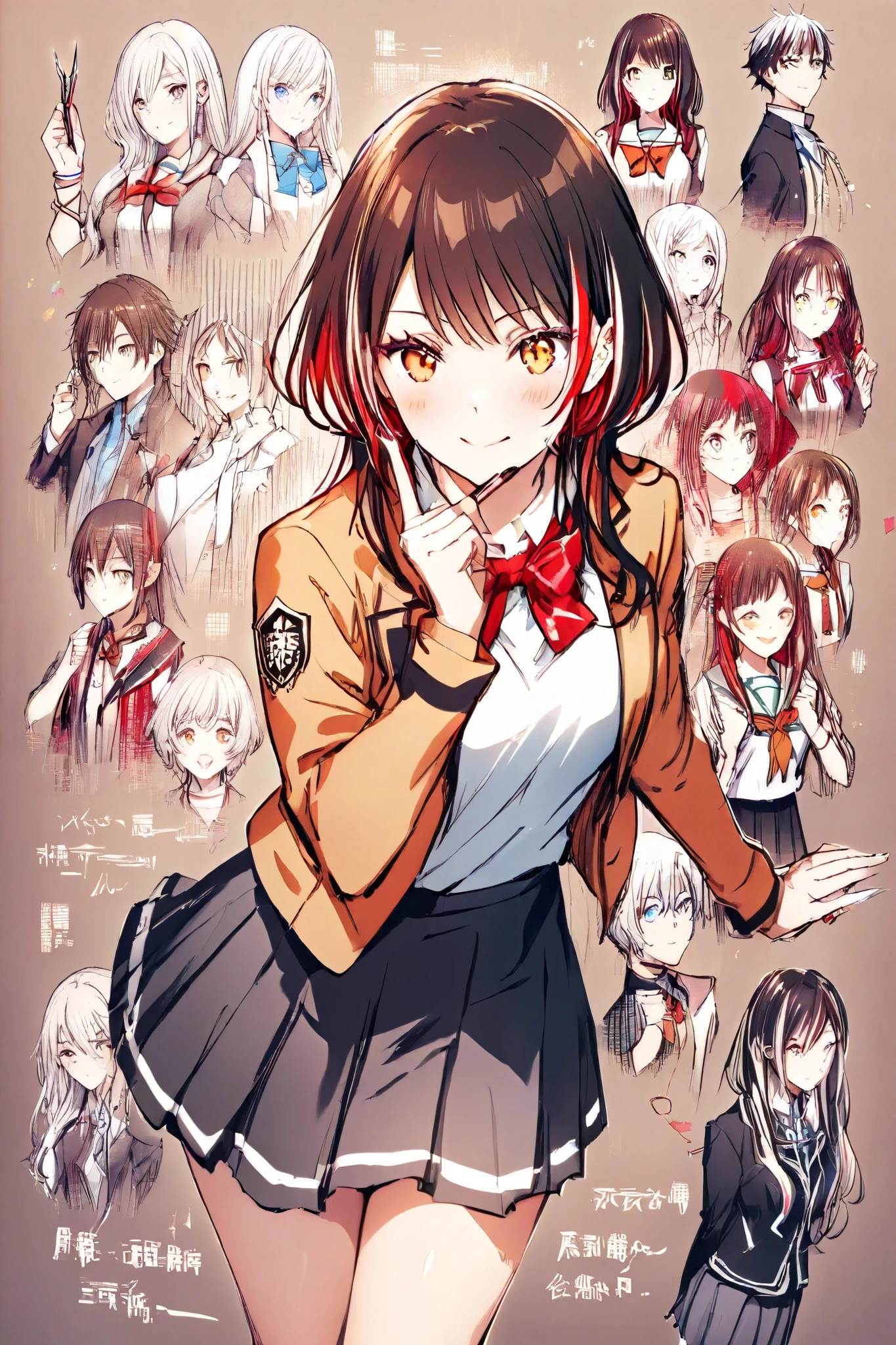 She wears a personalized school uniform with a shorter skirt than the regulations and an open jacket with a red ribbon around the neck.
his hair is short and wavy , dyed in a brown tone with lighter highlights.
She always wears striking accessories, like colored bracelets and tweezers.
Her expression is always lively and her smile never disappears.