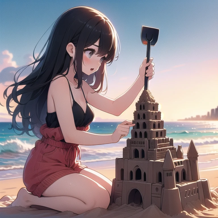 (((masterpiece))), (((best quality))), (((seaside))), (((world landmark sand sculpture))), ((from side)), ((bend over)), ((head down looking down)), ((holding a shovel)), bikini, red chiffon jacket, sea, wind, beach, solo, 1girl, kneeling, cleavage, (((big tits))), collarbone, sweat, ribbon, black updo hair, open mouth, shy, blush, slim figure, (((night))), <lora:girllikesandsculpture:1>