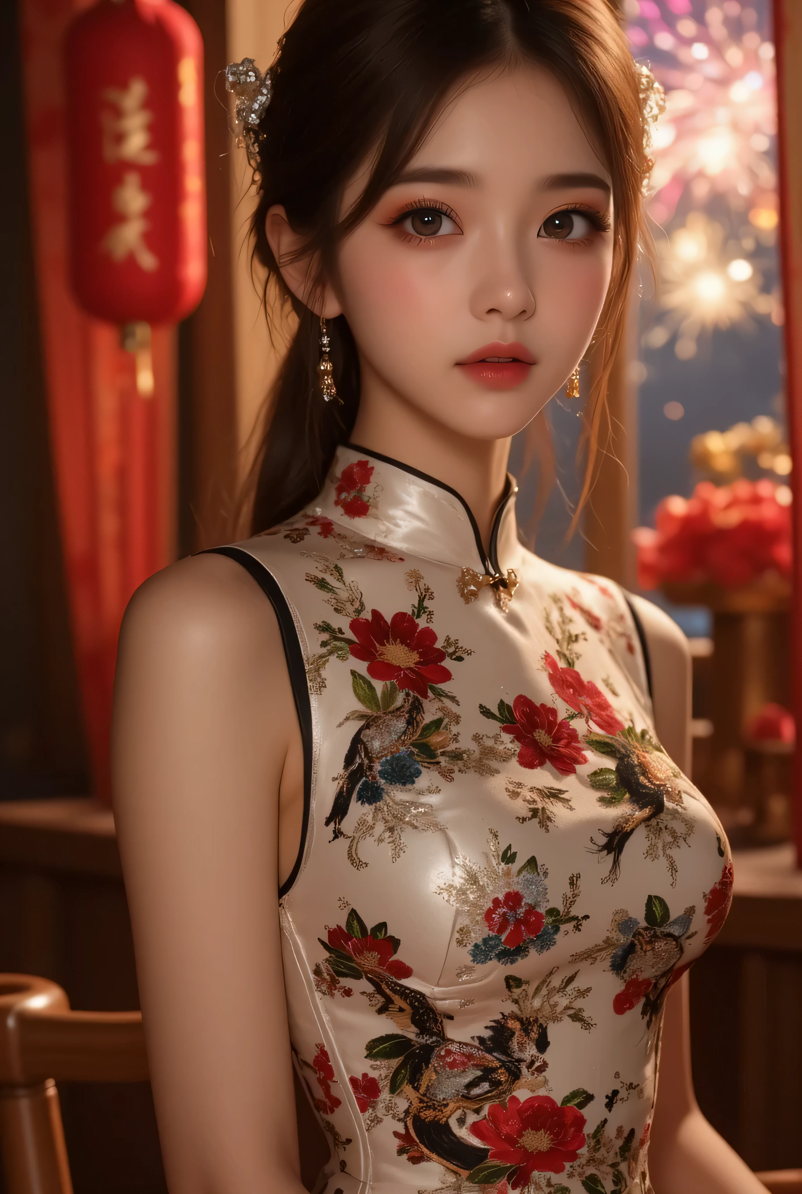 k40hu,, 8k, hd,, k40hu, masterpiece, best quality, Asian, 1girl, slender, brown eyes, seductive look, outdoor, China Town, solo, hoop earrings,
wearing a qipao with thigh highs,