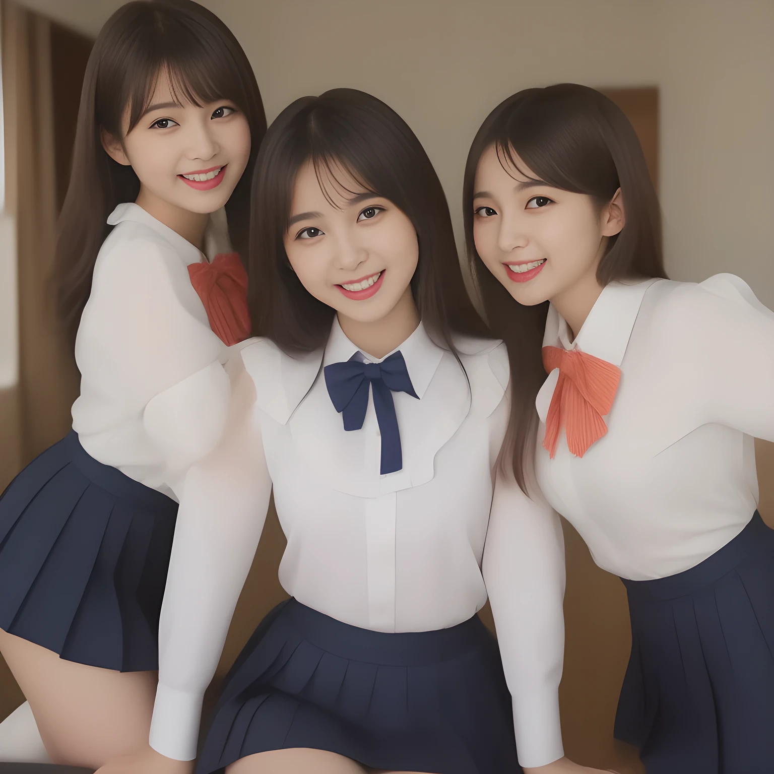 (masterpiece, best quality:1.2), High resolution, 1080P, 8K, 1girl, solo, (laughter of three zinomy girls with detailed. All the girls are noble, neat, intelligent and beautiful slender, maximum laughter of happiness: 1.8), (Incredibly well organized pure white face, Glossy lips, Very long black beautiful straight hair like a hair model, Pure and clear eyes, (((Noble and neat))) Japanese school uniform, (dark red cute school ribbon bow-tie), girly & fluttering ((frilled gorgeous expensive school blouse)), puffed sleeves, (dark-blue cutest well-pleated skirt): 1.5) ,(beautiful legs, white socks and school loafers), (Using expensive face-whitening cosmetics to make her skin more beautiful and pure by professional makeup artist: 1.0), (The neat beautiful girls know well about the viewer's super fetishism for school uniforms, and satisfies it completely with skirt: 1.0), ((Inviting me) to come most close with (mind-melting maximum laughter) and (noble hand gesture) like alluring and looking into my eyes: 1.0), (well detailed face and eyes: 1.0)
