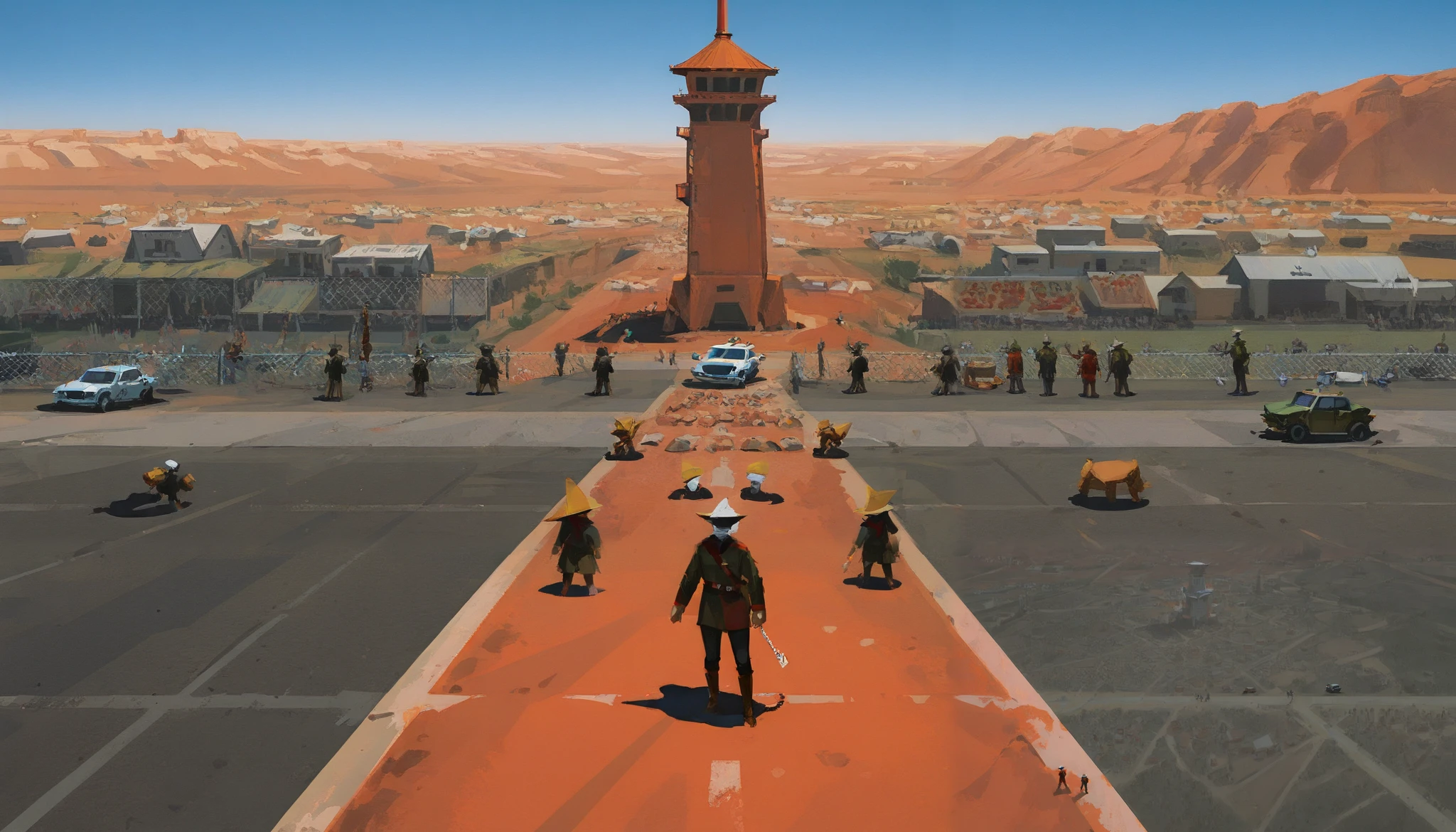 Yun Lin, sketch, sunlight, wide frame, red wasteland, red canyon, (very high detail),4k,8k,HDR,
mast,erpiece, best quality, stunning quality,
standing, outdoors, landscape, building, chain-link fence, day, fence, ((people with orange cones instead of heads)),
detailed background, (depth sharpness: 0.9), (convergence of points: 0.9),People have different cones on their heads, ((foreshortening from afar:1.3)), ((landscape from a height, foreshortening from the sky)), tiny people, small roads, small car, (( different angles, first-person view, market, lots of people in triangular hats, concept art, military base, observation tower)) , the center of the composition 1:5 is on the left, (( perspective is on the left))