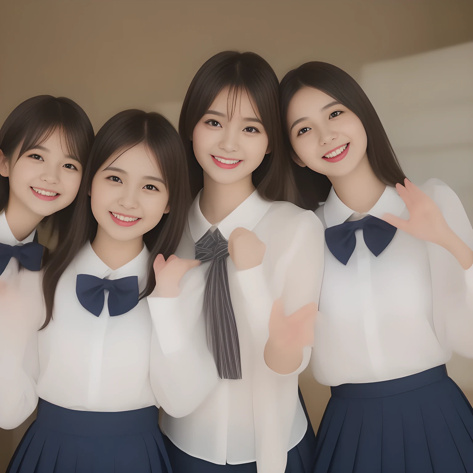 (masterpiece, best quality:1.2), High resolution, 1080P, 8K, 1girl, solo, (laughter of three zinomy girls with detailed. All the girls are noble, neat, intelligent and beautiful slender, maximum laughter of happiness: 1.8), (Incredibly well organized pure white face, Glossy lips, Very long black beautiful straight hair like a hair model, Pure and clear eyes, (((Noble and neat))) Japanese school uniform, (dark red cute school ribbon bow-tie), girly & fluttering ((frilled gorgeous expensive school blouse)), puffed sleeves, (dark-blue cutest well-pleated skirt): 1.5) ,(beautiful legs, white socks and school loafers), (Using expensive face-whitening cosmetics to make her skin more beautiful and pure by professional makeup artist: 1.0), (The neat beautiful girls know well about the viewer's super fetishism for school uniforms, and satisfies it completely with skirt: 1.0), ((Inviting me) to come most close with (mind-melting maximum laughter) and (noble hand gesture) like alluring and looking into my eyes: 1.0), (well detailed face and eyes: 1.0)