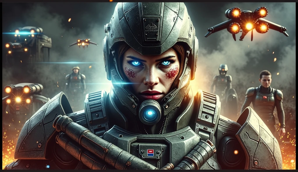 Close-up of a ((extremely beautiful girl warior)) , half human, half machine, their faces a bit partially obscured by military helmets. Their eyes are filled with sadness and longing. The background is a trail of blood and violence. SHe wears a mechanized robot armor, carved with animal elements, human skulls. The sky is filled with swirling, fiery clouds. The photo conveys a strong sense of the warrior's appearance
