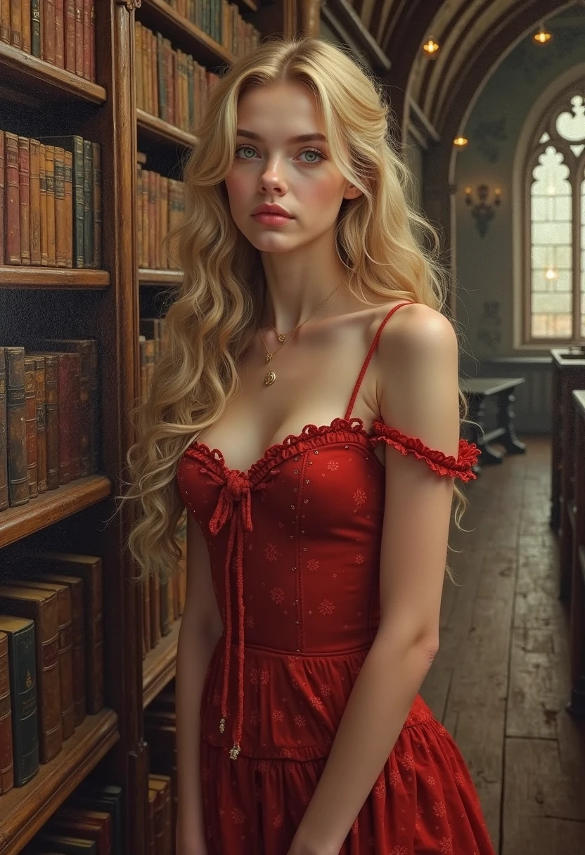 1 female、(european:1.2)、(blonde:1.1)、(super beautiful)、(beautiful face:1.5)、(adult face)、18 year old witch、(white panties:1.2)、spread your legs to the side、(wizard hat)、(red dress:1.2)、library 、stockings 、wearing makeup、libray chairs、(At SFW:1.7)