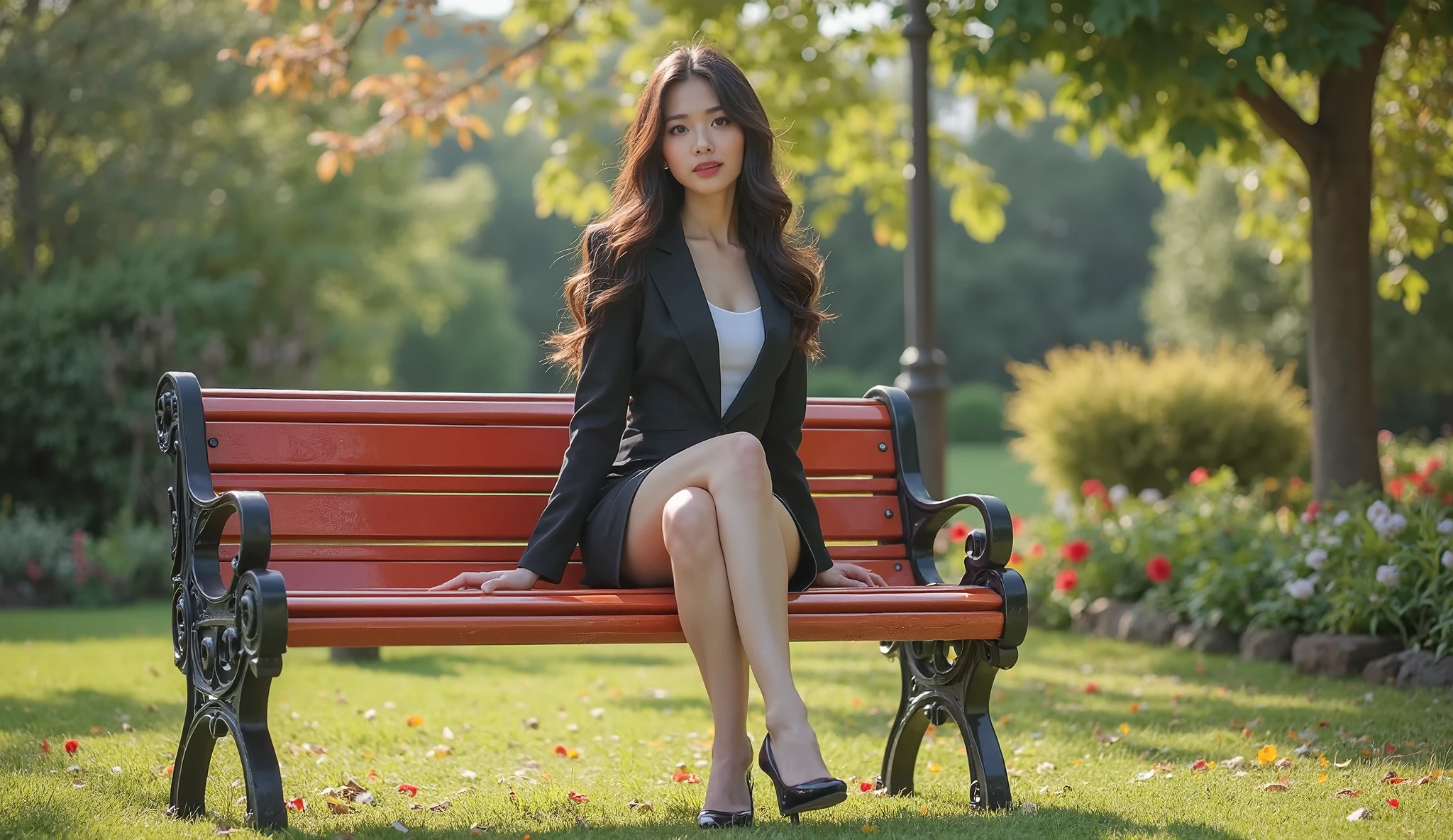 Araffe woman sitting on a bench in a park with a tree in the background ...