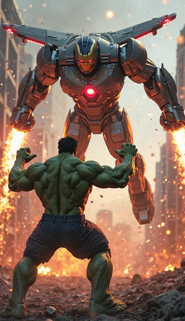 A 20 years old boy with cosmic power's and red fire and shirt less fighting with big i-tech modified machine in modern city 