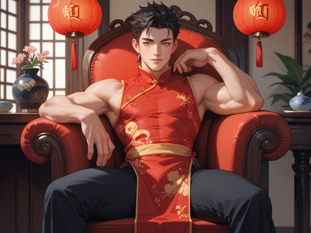 muscular boy, masculine face, wild, masculine, valiant, handsome, rugged, hoodie, modern chinese traditional costume, fusion of ancient Chinese and modern, king of rappers, pectoral muscles, abs, cool atmosphere, sitting, solid posture, fashionista, stylish, colorful, individual, luxurious, Cantonese, singing, dancing, sky with stars shining like dreams, Book of quiet nights, starry sky blooming brightly, whispering dreams and the border of confusion, Cantonese pride, peach-colored clothes