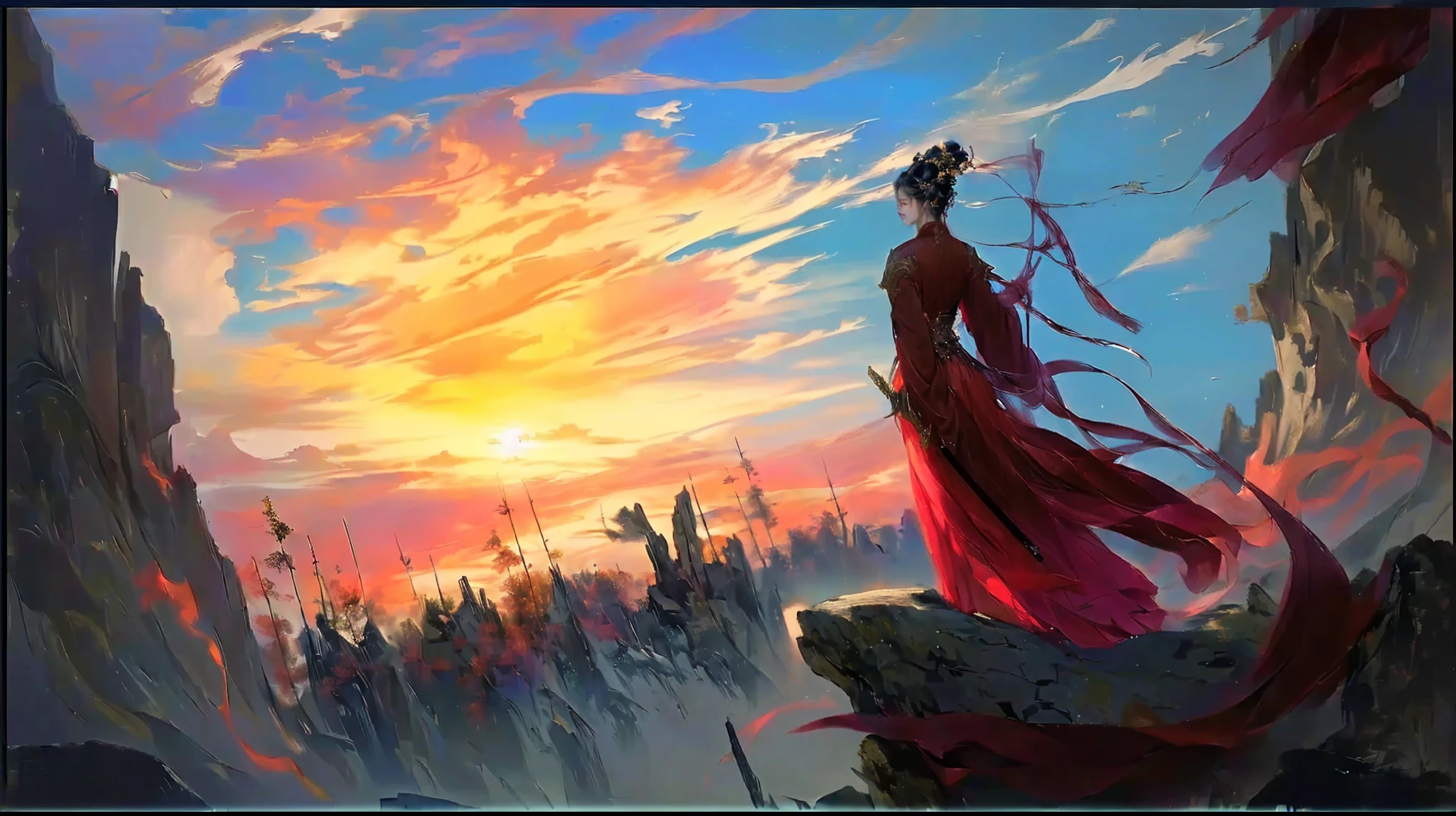 Painting of a woman dressed in red standing on a cliff, author:The J, author:Sun Xie , palace , girl in Hanfu , author:Li Song, Close-up of a woman holding a sword in a painting by Huang Shen, Animated Epic Works , author 王鹗, Inspired by Zhong Fenhua , By Han Gan, Beautiful character painting , by Zou Zhe, 4K HD detail digital art