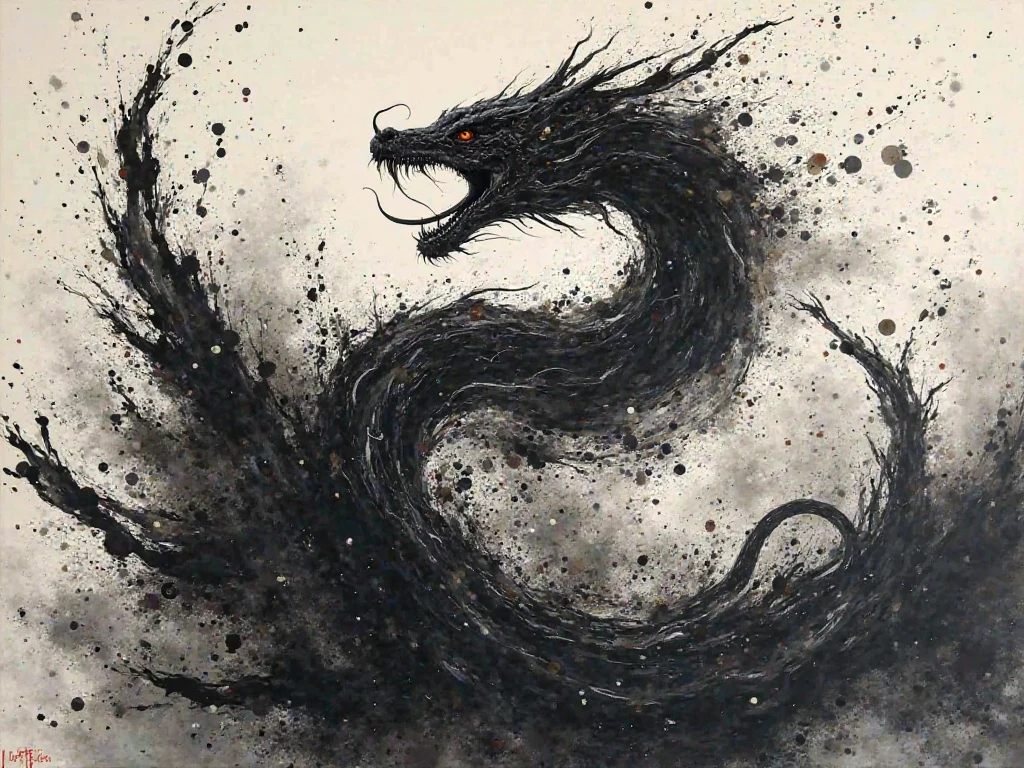Lovely Chinese dragon drawn by Wu Guanzhong,Cute shape,Dot Art,The dragon leaps from above,Head close-up,Abstract simple lines,illustration,Pink and a little gold,Advanced color matching,White background,18k
