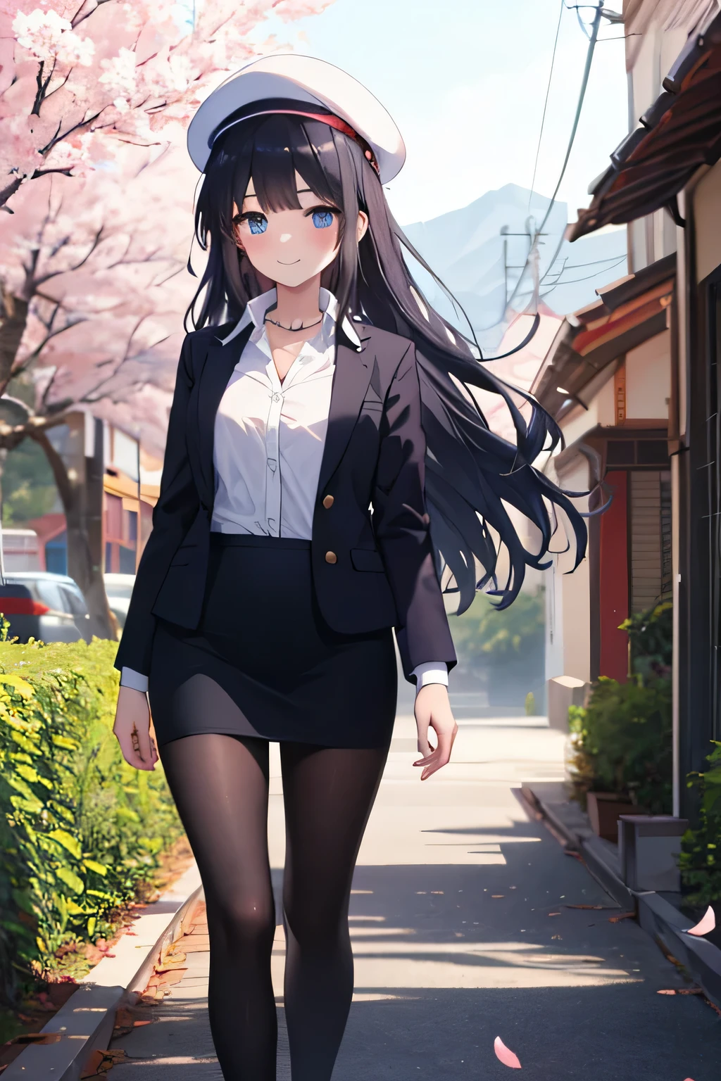 Beautiful girl with long dark blue hair, blue eyes, walking on a narrow path full of mountains wearing black suit jacket, jacket with collar, white dress shirt , collared shirt, neckline, button, correa, Identification card on the neck, black pencil skirt, black tights, smile, blush, looking at the spectator, white beret, sword, comienza a blandir la sword y practicar, strong breeze , great body, sakura leaves.