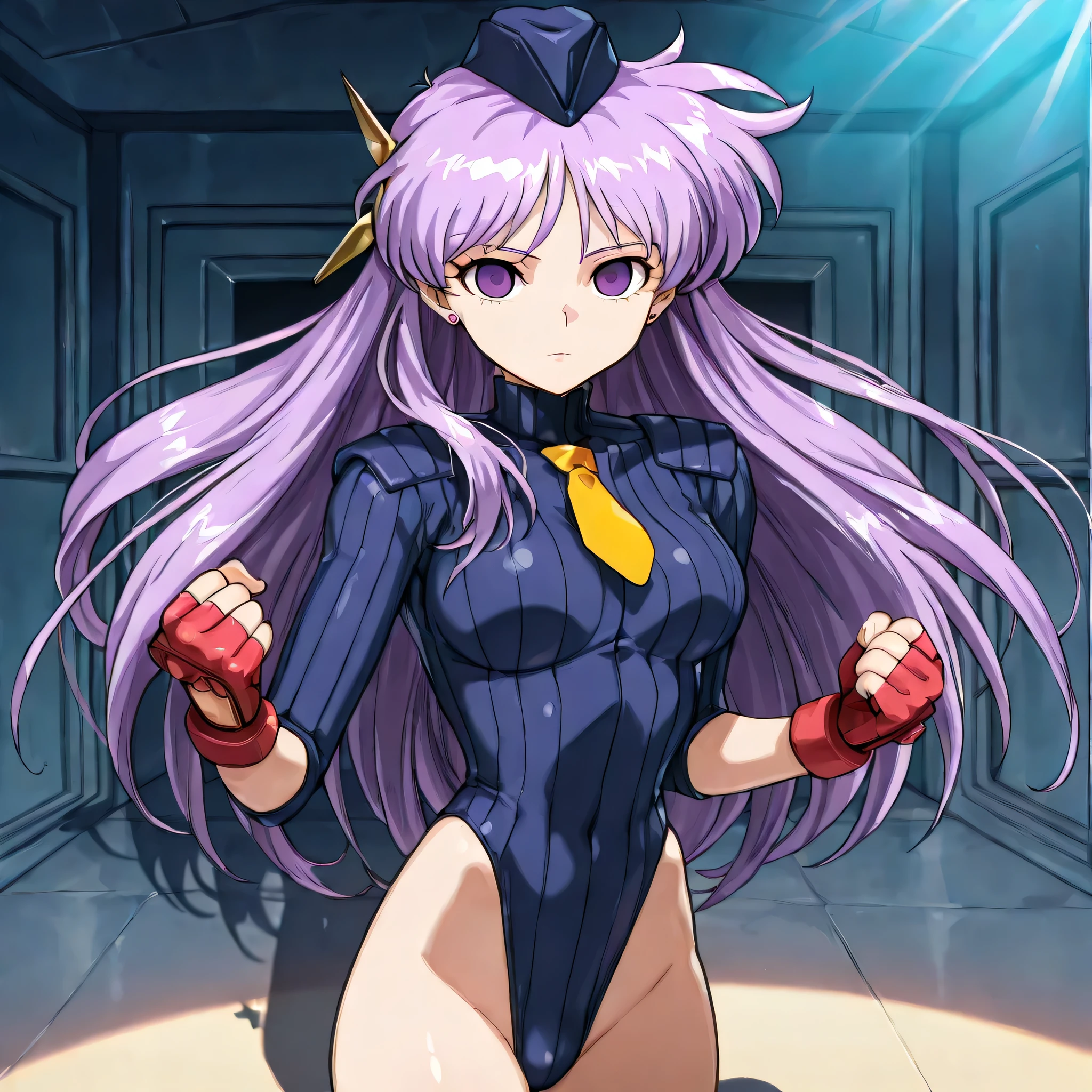 ultra-detailed, Explicit, Beautiful body, Beautiful Nose, Beautiful character design, perfect eyes, perfect face, ultra highres, 4K, beautiful legs, perfect legs, Nice hands, Perfect hand, Masterpiece, Best Quality, Highly detailed, illustration, absurdres, street fighter, doll suit, shadaloo doll, dollsuit, girls, multiple girls, expressionless, blank eyes, looking at viewer, red gloves, emotionless, black latex, corrution, mind control, female combatant, full body, hypnotized, unhappy trance, full body suit, ribbed bodysuit, both arms at side, stand up straight, obey, perfect female body, extremely glossy latex, hypnosis, hypnoLora, empty eyes, Mind control device, poses, brainwashed, submissive_pose, Slave, hat, necktie, stand up straight, standing, standing at attention, belt, extending the right arm from the shoulder into the air with a straightened hand, nazi saluting, military, military saluting, salute, right hand saluting, left hand at side, latex, ribbed bodysuit, garter belt, thighhighs, fate grand order, bb, purple hair, long hair, bangs, purple eyes, hair ribbon,