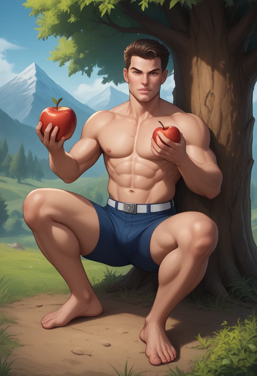 score_9, score_8_up, score_7_up, rating_explicit, source_anime, guy, navel, faux hawk cut, grin, spread legs,  apple tree, shrub, waterfall, manly