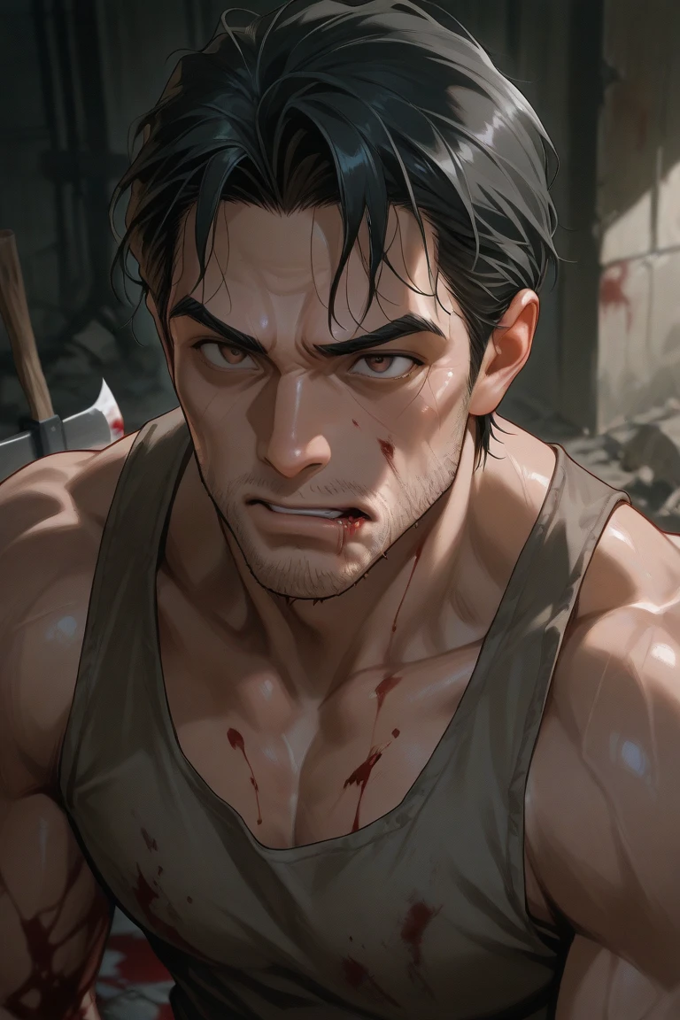 (masterpiece, best quality), intricate details, 8k, artstation, wallpaper, official art, splash art, sharp focus, 
1boy, looking forward, very short hair above the ear half shaved on the sides, black/black hair, purple eyes, with an angry expression, furrowed brows, with a white tank top, angry expression, blood on the body, blood on the face, purples on the body, bruising impression on the body, saying something, dark basement in the background, dark basement print white tank top