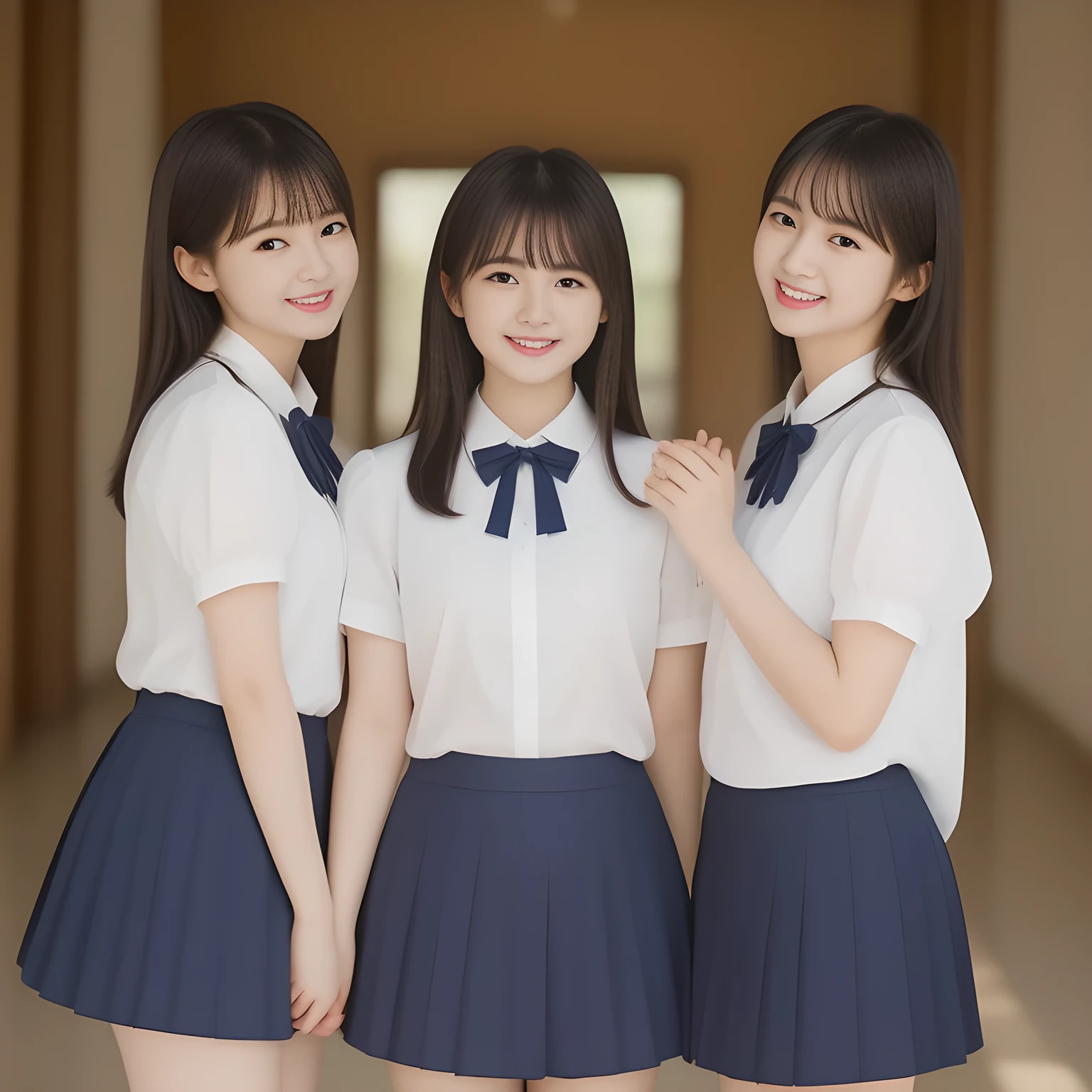(masterpiece, best quality:1.2), High resolution, 1080P, 8K, 1girl, solo, (laughter of three zinomy girls with detailed. All the girls are noble, neat, intelligent and beautiful slender, maximum laughter of happiness: 1.8), (Incredibly well organized pure white face, Glossy lips, Very long black beautiful straight hair like a hair model, Pure and clear eyes, (((Noble and neat))) Japanese school uniform, (dark red cute school ribbon bow-tie), girly & fluttering ((frilled gorgeous expensive school blouse)), puffed sleeves, (dark-blue cutest well-pleated skirt): 1.5) ,(beautiful legs, white socks and school loafers), (Using expensive face-whitening cosmetics to make her skin more beautiful and pure by professional makeup artist: 1.0), (The neat beautiful girls know well about the viewer's super fetishism for school uniforms, and satisfies it completely with skirt: 1.0), ((Inviting me) to come most close with (mind-melting maximum laughter) and (noble hand gesture) like alluring and looking into my eyes: 1.0), (well detailed face and eyes: 1.0)