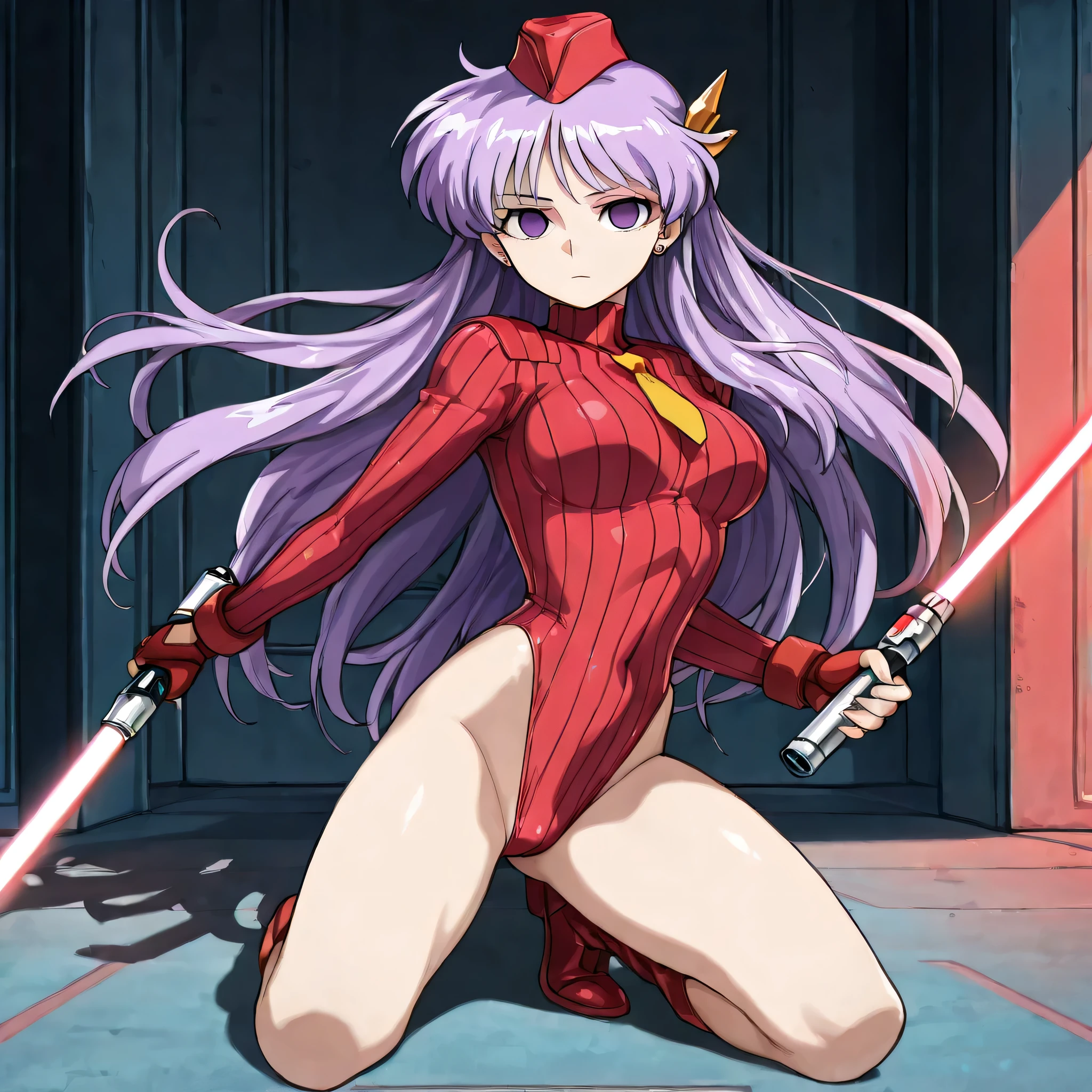 (((Masterpiece))), (((Best Quality))), ((Super Detail)), ultra-High resolution, score_9,score_8_up,score_7_up,score_6_up,score_5_up,score_4_up, BREAK, source_anime, anime screencap, uncensored, rating_explicit, Masterpiece, (best shadow), (absurdres), (detailed background), (very aesthetic), shiny, detailed beautiful eyes, outstanding, countershading, detailed soft lighting, an exquisite animation illustration, curvy, empty eyes, expressionless, blank eyes, looking at viewer, full body, emotionless, Fighting Stance, shadaloo dolls, red gloves, hat, cowboy shot, fingerless gloves, leotard, cosplay, highleg, highleg leotard, red gloves, garrison cap, dark persona, ribbed leotard, yellow necktie, (((solo, 1girl))), hair ornament, submissive pose, seductive pose, yuri \(dirty pair flash\), dirty pair flash, very long hair, long hair, purple hair, purple eyes, medium breasts, stud earrings, medium breast, (((lightsaber, holding lightsaber, full body)))
