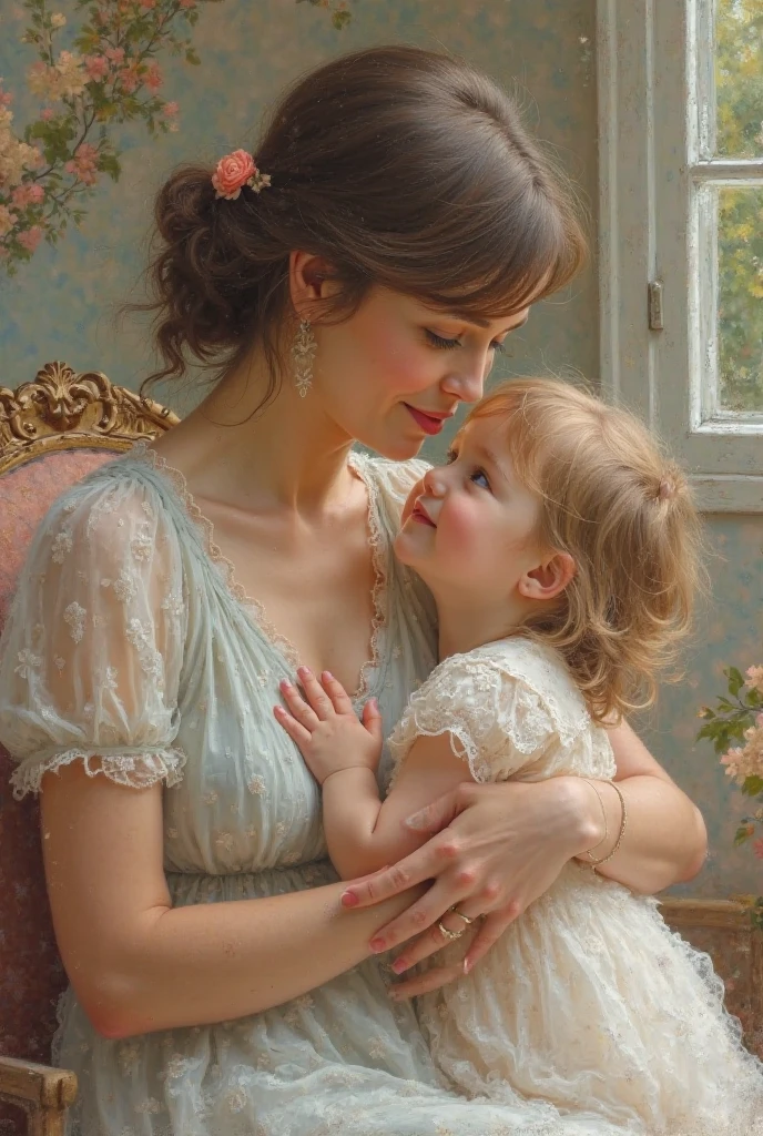 art by Vladimir Volegov,
Mother and daughter, ultra hd detailed painting beautiful faces and eyes, modern portrait, 
digital art

, Jean-Baptiste Monge style, bright, beautiful  , splash,  

, Glittering , cute and adorable,  filigree,  , rim lighting, lights, extremely ,  magic, surreal, fantasy, digital art, , wlop, artgerm and james jean,