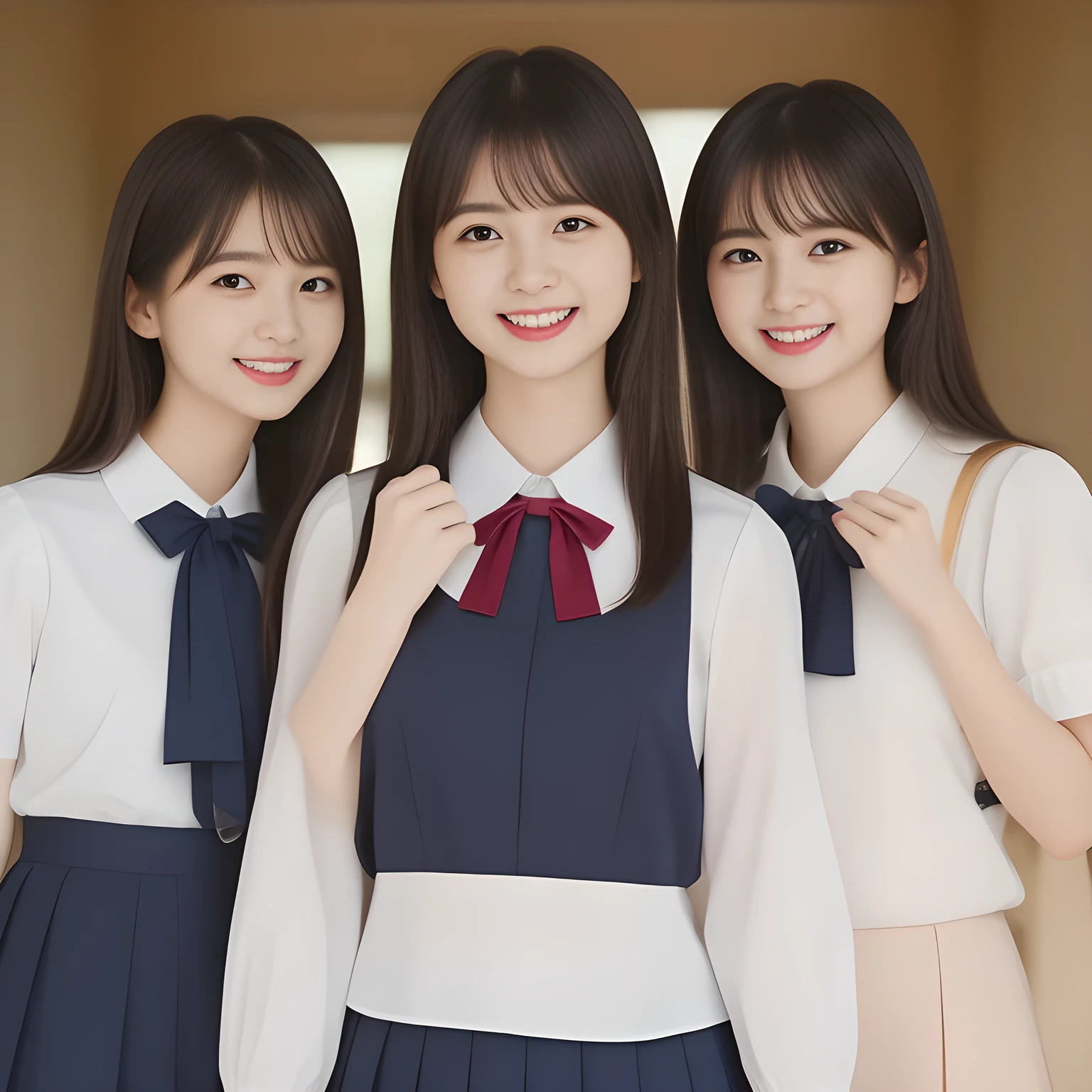 (masterpiece, best quality:1.2), High resolution, 1080P, 8K, 1girl, solo, (laughter of three zinomy girls with detailed. All the girls are noble, neat, intelligent and beautiful slender, maximum laughter of happiness: 1.8), (Incredibly well organized pure white face, Glossy lips, Very long black beautiful straight hair like a hair model, Pure and clear eyes, (((Noble and neat))) Japanese school uniform, (dark red cute school ribbon bow-tie), girly & fluttering ((frilled gorgeous expensive school blouse)), puffed sleeves, (dark-blue cutest well-pleated skirt): 1.5) ,(beautiful legs, white socks and school loafers), (Using expensive face-whitening cosmetics to make her skin more beautiful and pure by professional makeup artist: 1.0), (The neat beautiful girls know well about the viewer's super fetishism for school uniforms, and satisfies it completely with skirt: 1.0), ((Inviting me) to come most close with (mind-melting maximum laughter) and (noble hand gesture) like alluring and looking into my eyes: 1.0), (well detailed face and eyes: 1.0)