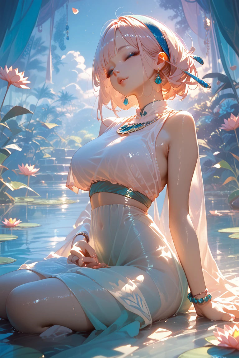 (best quality, ultra-detailed, photo-realistic:1.37), (dramatic shadows: 1.2), (Best quality), 1 girl, female, short pink hair, large breasts, cleavage, green eyes, beautiful white dress, diamond necklace, white choker, perfect body, (POV view from above), studio lighting, blushing, alluring eyes, glossy lips, sexy pose, seductive look, posing for a professional photoshoot, shallow depth of field, highlighting the main subject, soft natural lighting, (creating a dreamy and magical atmosphere), lotus flowers, pond, back shot