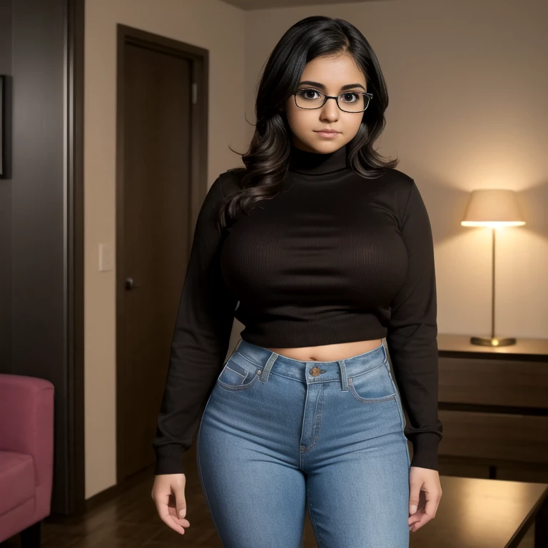 indian bossy women working in office in formal off shoulder dress till knees with specs wearing (black stocking) (full body)