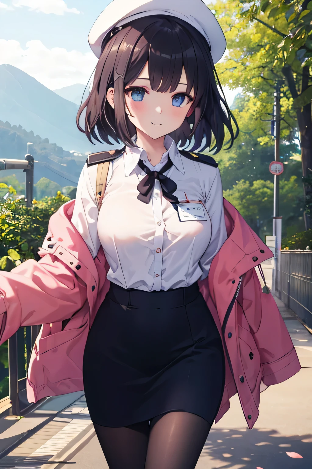 Beautiful girl with long dark blue hair, blue eyes, walking on a narrow path full of mountains wearing black suit jacket, jacket with collar,  white dress shirt , collared shirt, neckline, button, correa, Identification card on the neck, black pencil skirt, black tights,  smile, blush, looking at the spectator,  white beret, sword, comienza a blandir la sword y practicar, strong breeze , great body, sakura leaves.