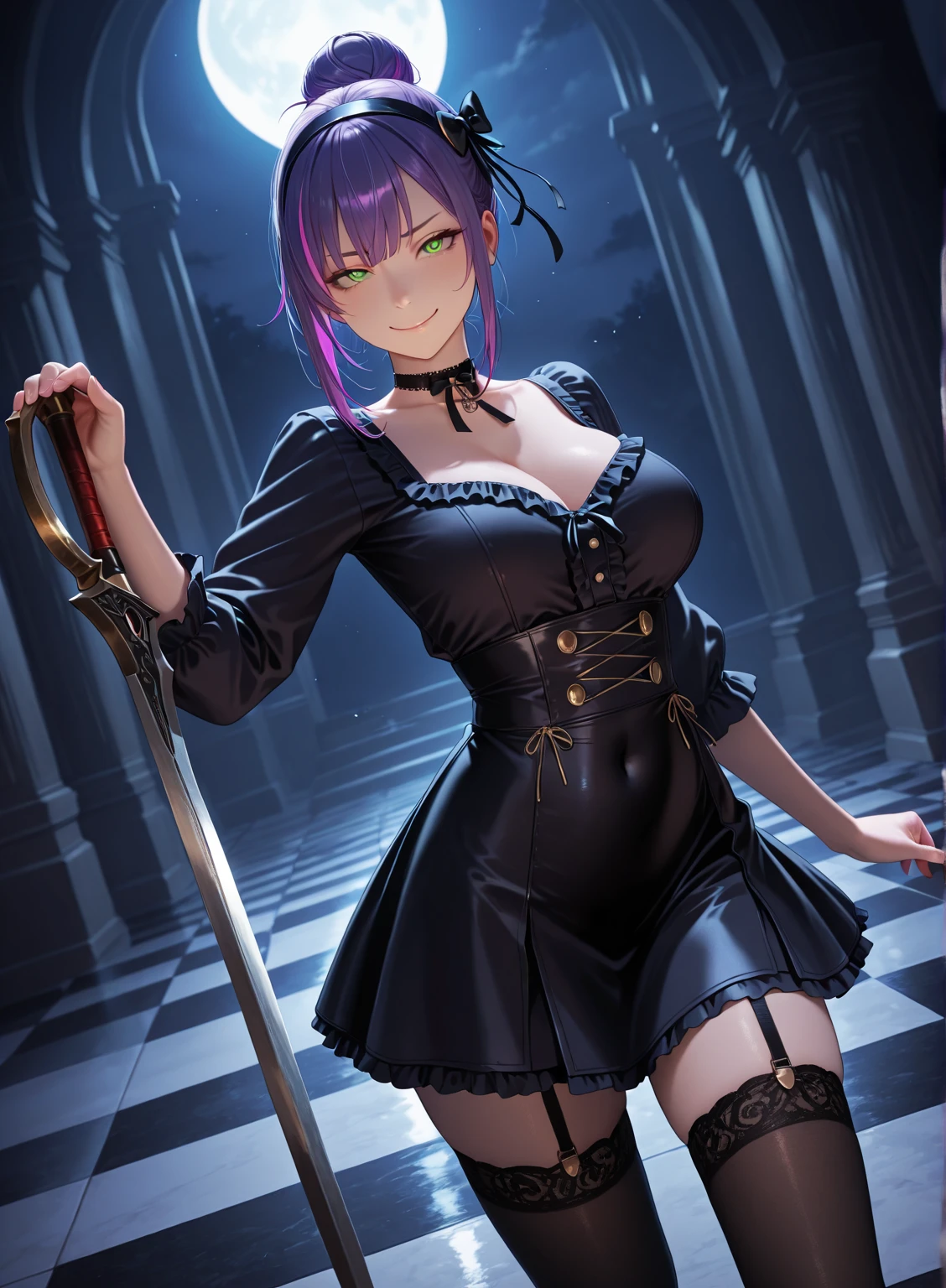 Beautiful face, beauty, white skin, purple-blue eyes, short purple-blue hair, hair covering her left eye, cute body, Cute waitress outfit, detailed black dress, white embellished apron, An ornate dress containing embellishments and bows, a castle maid's dress, black tie, castle background, detailed background , Interior details of the castle, Touka Kirishima, Tokyo Ghoul