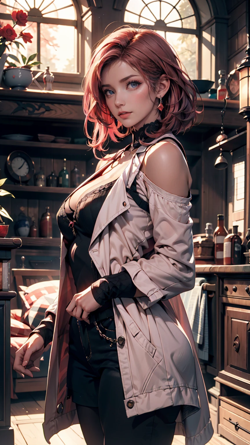(​masterpiece、top-quality、hight resolution、Unity 8k、extremely details CG:1,Best Picture), A girl in search of a partner for the night. She has a seductive look on her face. Set the scene in a quiet, dimly lit room to create an atmosphere of seduction. Focus on her face and body language to convey a mixture of desire and sadness. she1, hair over eyes, split ponytail, pink jacket, cleavage, fur trim, black dress, earrings, jewelry
