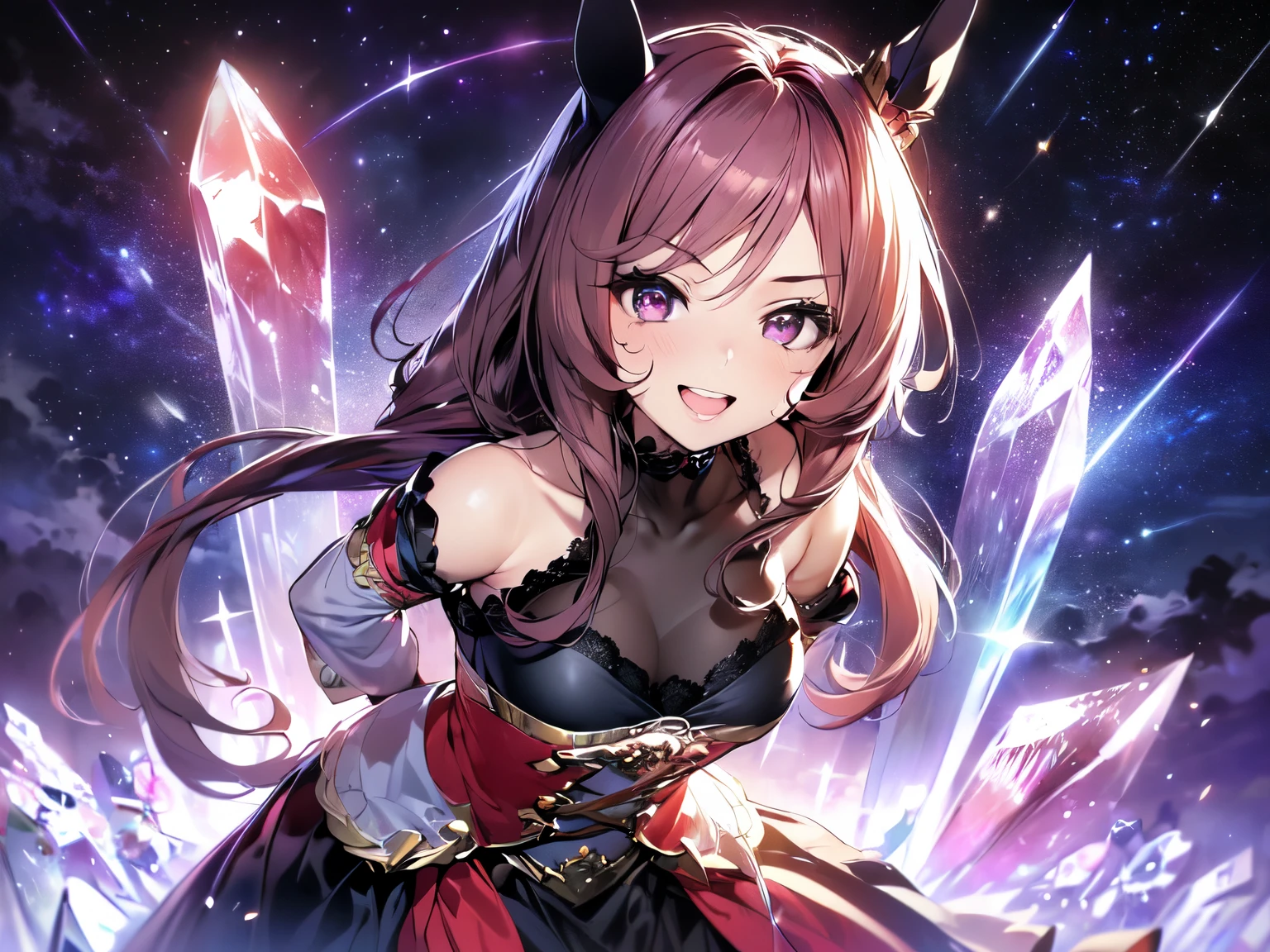 (((Solo, anime drawing))). (((Horse ears and horse tail virgin))). (((Horse ears and horse tail))). (((Leaning forward, arms behind back))).(((Ecstasy emoji. Emoji. Looking at camera, smiling, ahegao, orgasm, sexually excited))).((((Black see-through sleeves, black wedding ruffle dress. Erotic outfit, high neck lace outfit, black pantyhose, high waist skirt))).(((Redhead, very long hair))), Redhead, long curly red hair tousled by the wind. Lilac eyes. Thick eyebrows. Long eyelashes. Blusher. Lipstick. (((Purple background, crystal forest, crystal ground, crystal chunks, starry sky))).(Upper body in center). (Full Anatomy, UHD, Retina, Masterpiece, Accurate, Anatomically Correct, Ultra Detailed, High Quality, Award Winning, Best Quality, High Resolution, 16k)