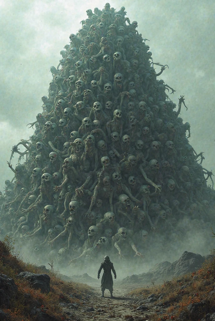  a mountain formed by hundreds, if not thousands, of stacked human corpses, piled one on top of the other, creating a macabre structure rising towards a dark night sky. The bodies are entangled and haphazardly mounded, an endless, shapeless pile of death. The scene is bathed in a dim, ominous light, likely from a moon obscured by clouds. The mountain of bodies completely dominates the image, creating a sense of horror and despair at the magnitude of this accumulation of lost lives. art, painting, mountain, pile of bodies, corpses, dark, night, moon, disturbing, grim, horror, death, macabre