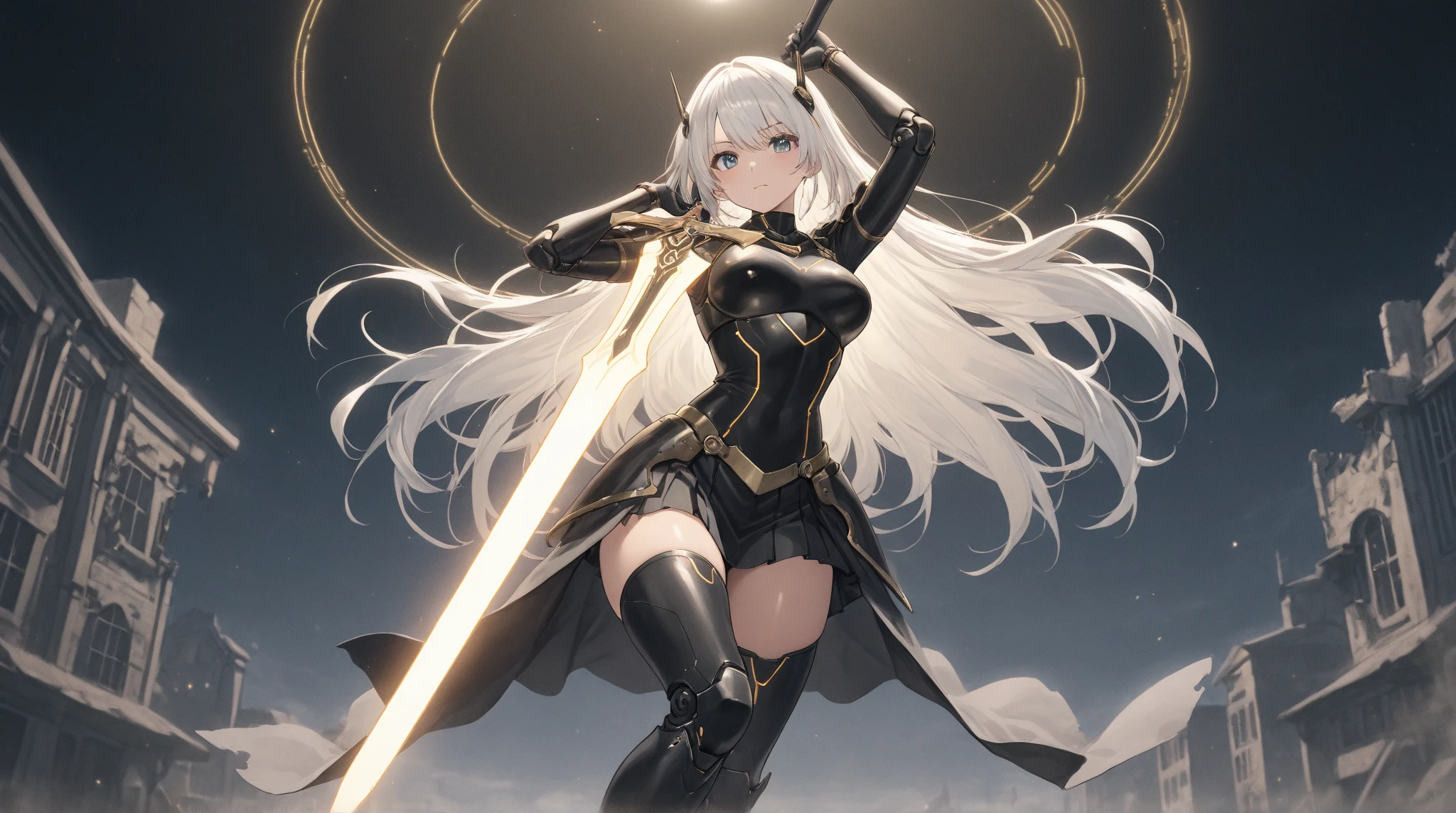 Fourteenth girl with long white hair,flat chest,Breastplate,Black one piece swimsuit,white sci-fi armor,Mechanical Wing,Thin legs,high heels,flight,spear,sky white clouds