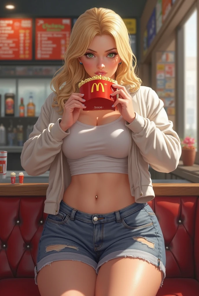 tall college woman((shoulder-length blondehair); cute; blue eyes; large breasts; pale skin and features; girl-next-door look; soft and cute features); sitting in a cafeteria; best quality; trending on artstation; dark room with complex volumetric lighting; strong shadows; artistic lighting; dynamic; energetic vibe; realistic skin; specular highlights; micro-textures; highly detailed hair; wearing high-end fashion; extremely athletic; toned body