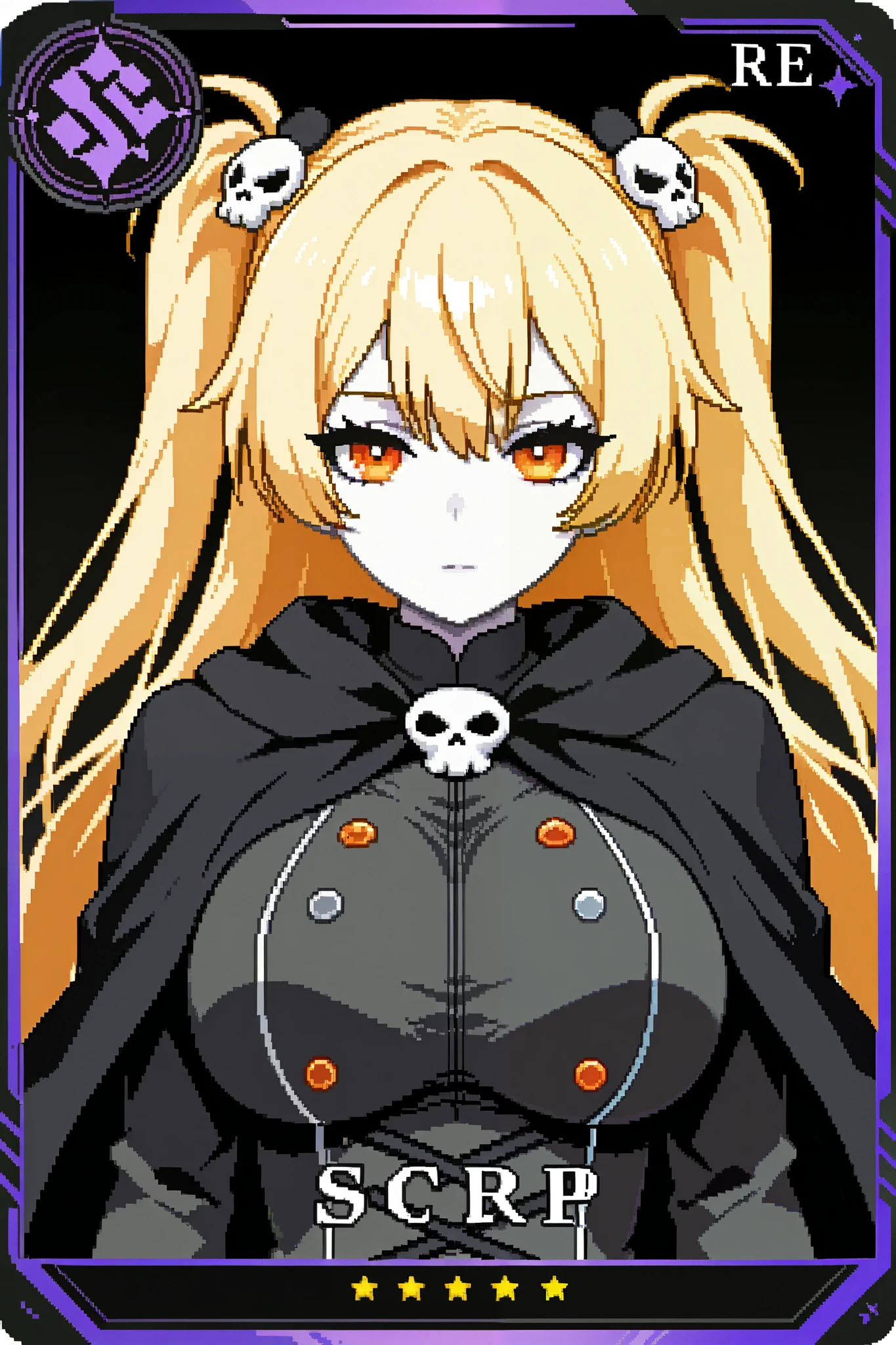 score_9, score_8_up, score_7_up, source_anime, 1girl, solo, pixel art, playingcard, trading card, card_(medium) BREAK 

Blonde hair, long hair, two side up, orange eyes BREAK large breasts, pale skin, black eyelashes BREAK 

Gray cloak, skull hair ornament, BREAK 

Looking at viewer, emotionless face, closed mouth, standing, portrait, black background, gradient background 