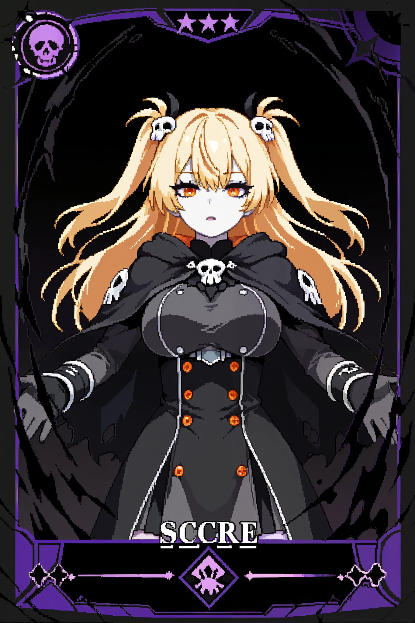 score_9, score_8_up, score_7_up, source_anime, 1girl, solo, pixel art, playingcard, trading card, card_(medium) BREAK
Blonde hair, long hair, two side up, orange eyes BREAK large breasts, pale skin, black eyelashes BREAK
Gray cloak, skull hair ornament, BREAK
Looking at viewer, emotionless face, open mouth, standing, portrait, black background, skulls at background, casting a spell, black smoke, gradient background