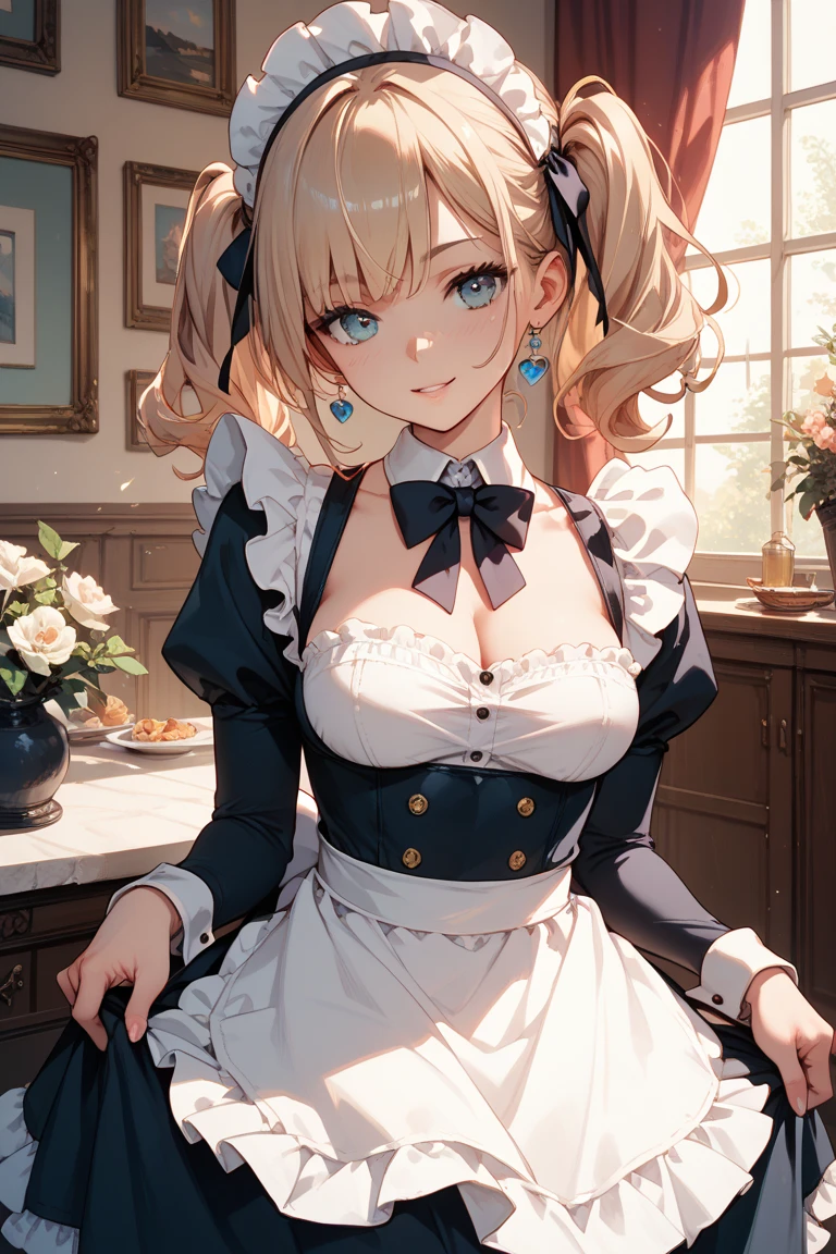 masterpiece,Highest quality,Very detailed,Maid Girl,Maid clothes,Long Skirt, teenager,Perfect Face,smile,Beautiful and detailed eyes,Beautiful Skin,skinny,Small breasts,Dynamic,Antique coffee shop,Dynamic Angles
