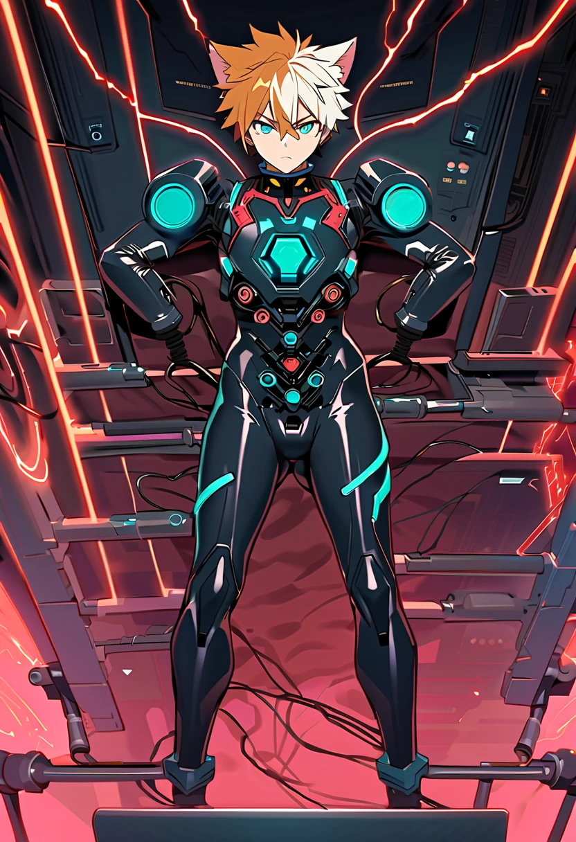 (masterpiece, best quality:1.3) (nsfw8) (((1boy))), (((anime boy))), 20 years old, muscular body, black hair, black latex plugsuit, black latex, skintight no zipper neck entry black latex plugsuit, fullbody black latex plugsuit, , cat ears, cyborg eyes, latex, cyberpunk, round cyberpunk chamber, (thick cables plugged on chest1.5), red lightning, (brainwashing), blank stare, flat crotch, restrained, (heads-up display), wearing black lipstick, (((cables plugged into cat ears3))), (((transformation into robot3))), (((assembly line arms5))), charging port on anus, (((charging cable plugged on anus3))), visible charging, (battery percent level on upper chest), charging station, cables plugged into spine, aquamarine plugsuit lightning,