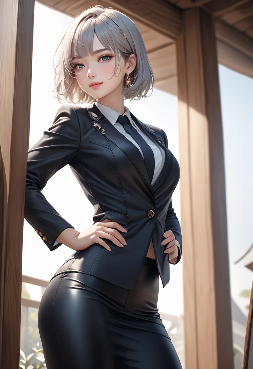 (highest quality, 8k, masterpiece: 1.3), Beautiful woman with perfect figure: 1.4,, big, Sleep in the bedroom, Highly detailed face and skin, Fine grain, double eyelid, highest quality, masterpiece, (Realistic: 1.4), One Woman, Golden Ratio, High angle shot, Upper eyelid care, Low angle shot, Perfect Face, Beautiful appearance, Cute face, Face close-up, Zoom in on face, , smile from different angles, smile, Gloss, highlight, Gloss, Glossy on skin, Glossy on skin, Wet skin, Wet, bangs, cute smile, bust,, Refreshing charm, elegant, Perfect hands, smile from angle, smile, Glossのある, highlight, Glossy skin, bangs, big, Refreshing charm, Listen carefully, Looking into the camera, Pose at different angles,masterpiece, highest quality, High resolution, 1 girl, Gray Hair, short hair, blue eyes, Medium chest, OL, tie, Black suit, Pencil Skirt, Please put your hands on your hips, Outdoor,Idol Master，，Anastasia，Knee-high boots，pants suit