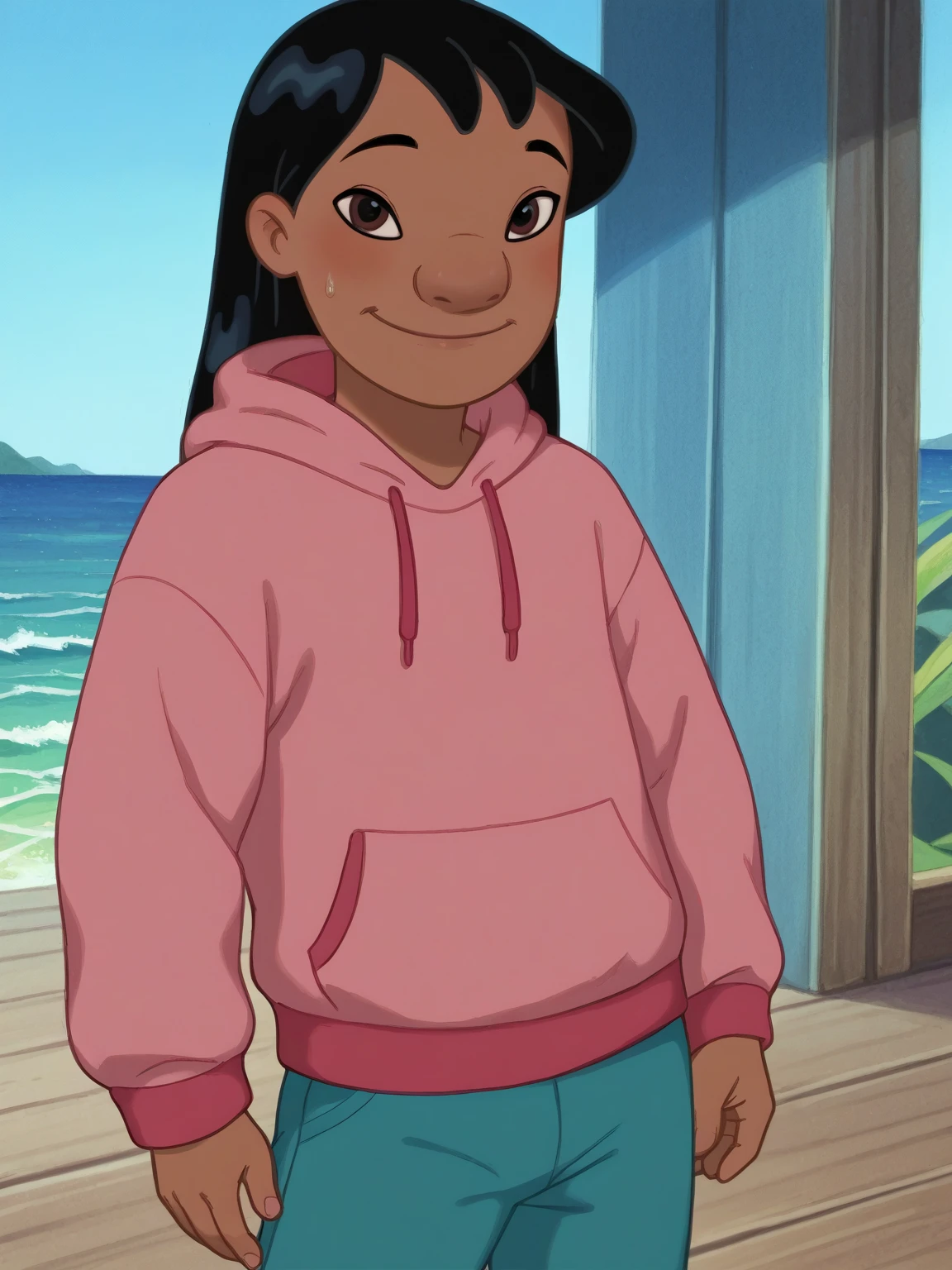 score_9, score_8_up, score_7_up, rating_explicit, source_anime,detailed skins, body blush,cowboy shot, flat chest,  highly detailed, body blush,cowboy shot, looking at viewer, perfect eyes,perfect hands, sidelocks,lilo, long black hair, brown eyes, dark skin, flat chest, pink hoodie blue sweatpants red Ugg boots , smile, hand wave, 