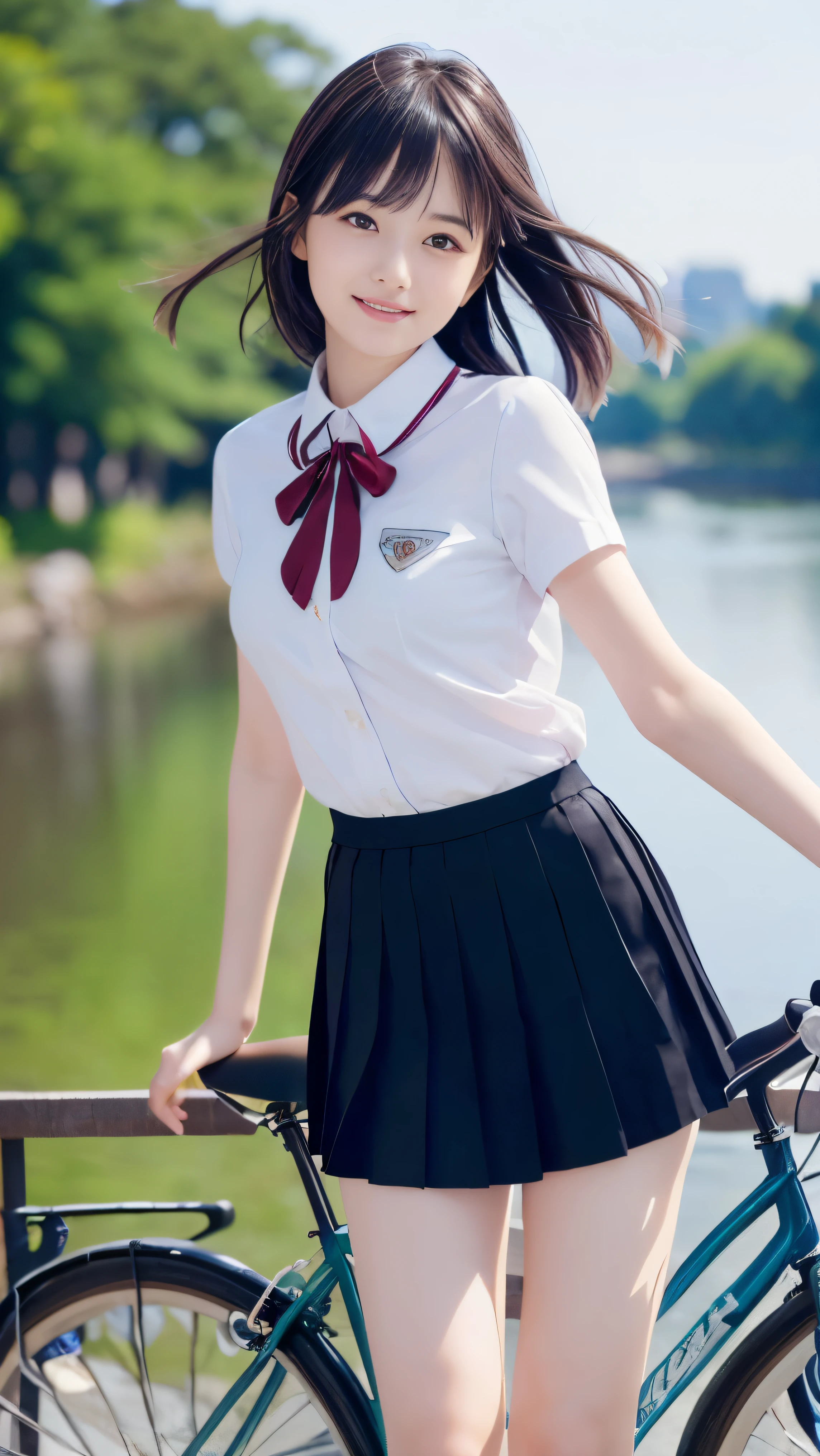 (Close up face shot of one slender small breasts two side up black medium hair bangs girl in short sleeves white school uniform and black skirt with small smile:1.5)、(One girl is riding bicycle on the road along the river in Japan:1.5)、(Blue sky:1.5)、(blurred background:1.5)、(8k ultra detailed master piece:1.5)、(Natural lighting:1.5)、(perfect anatomy:1.5)、(Photorealistic stick:1.5)、(Raw photo:1.3)、(highest quality:1.5)、(High resolution:1.3)、(Delicate and beautiful perfect face:1.3)、(Delicate and beautiful eye air skin:1.3)、(Real Human Skin:1.3)、((thin legs))