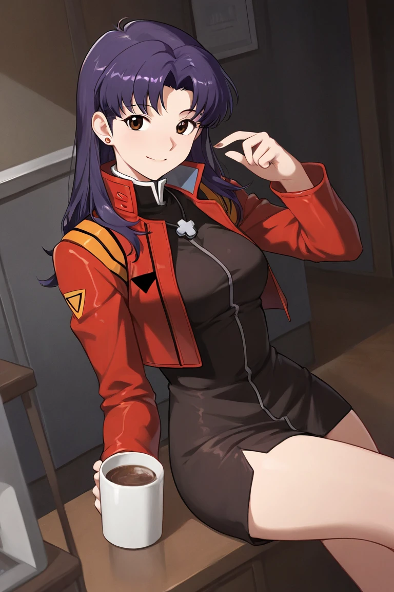 masterpiece, best quality, highres, 1girl, solo, pink skirt, military uniform, short hair, ahoge, black thighhighs, red hair, purple eyes, purple hair, long sleeves, indoor, cafe, sitting, holding cup