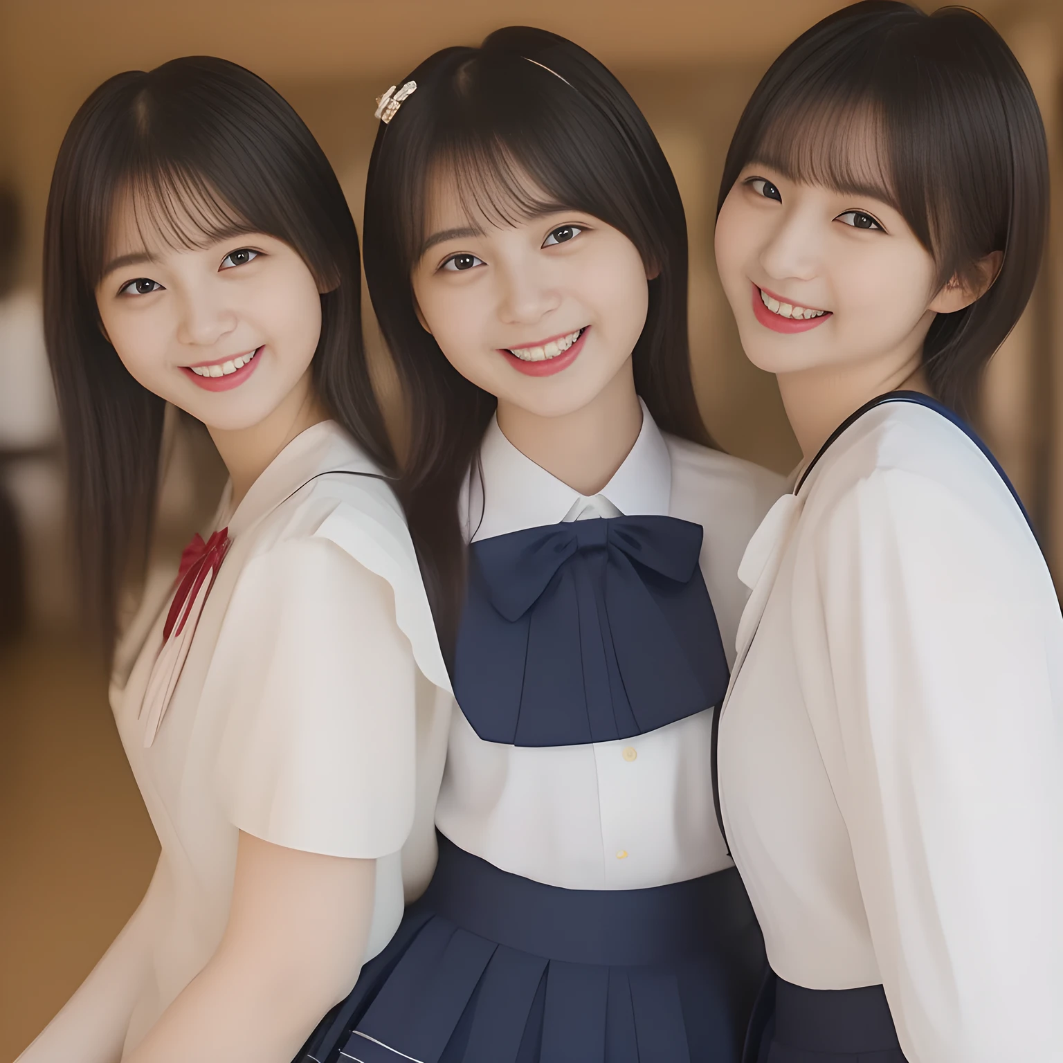 (masterpiece, best quality:1.2), High resolution, 1080P, 8K, 1girl, solo, (laughter of three zinomy girls with detailed. All the girls are noble, neat, intelligent and beautiful slender, maximum laughter of happiness: 1.8), (Incredibly well organized pure white face, Glossy lips, Very long black beautiful straight hair like a hair model, Pure and clear eyes, (((Noble and neat))) Japanese school uniform, (dark red cute school ribbon bow-tie), girly & fluttering ((frilled gorgeous expensive school blouse)), puffed sleeves, (dark-blue cutest well-pleated skirt): 1.5) ,(beautiful legs, white socks and school loafers), (Using expensive face-whitening cosmetics to make her skin more beautiful and pure by professional makeup artist: 1.0), (The neat beautiful girls know well about the viewer's super fetishism for school uniforms, and satisfies it completely with skirt: 1.0), ((Inviting me) to come most close with (mind-melting maximum laughter) and (noble hand gesture) like alluring and looking into my eyes: 1.0), (well detailed face and seducing eyes: 1.8)