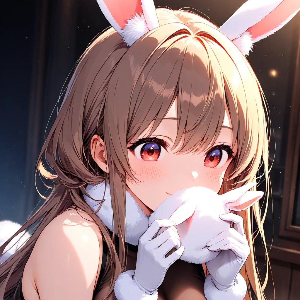 a beautiful detailed portrait of a shoulder length hair nurse aide, with no hat, large breasts, in an anime style, high resolution, photorealistic, dramatic chiaroscuro lighting, intricate details, piercing gaze, ominous aura, beautiful brown eyes, sharp facial features, strong presence, rabbit ears, pink eyes, smile,